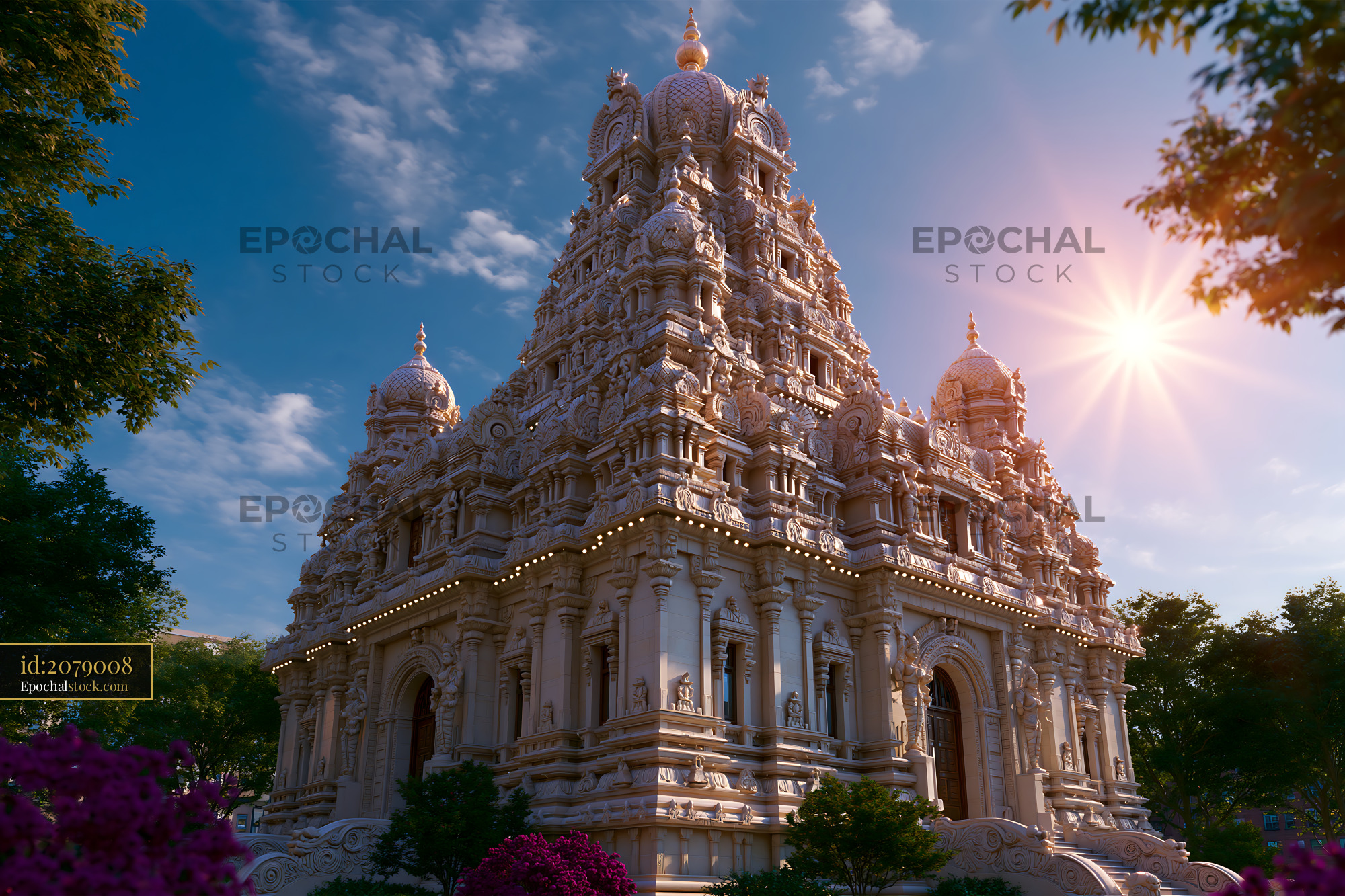 Watermarked full-resolution preview of Hindu temple with intricate architecture at sunset