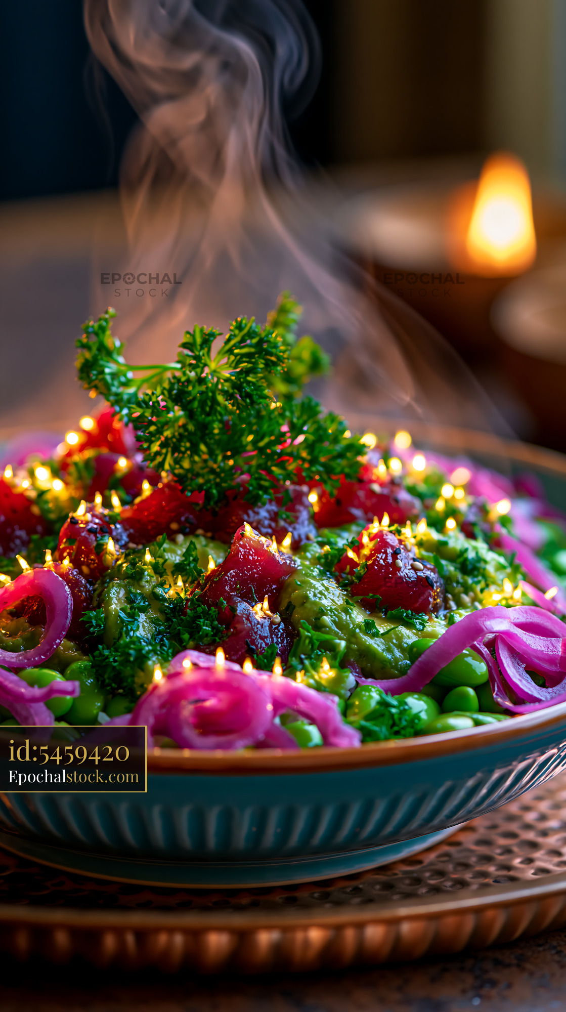 Watermarked full-resolution preview of Vibrant dish with herbs and vegetables served in a bowl