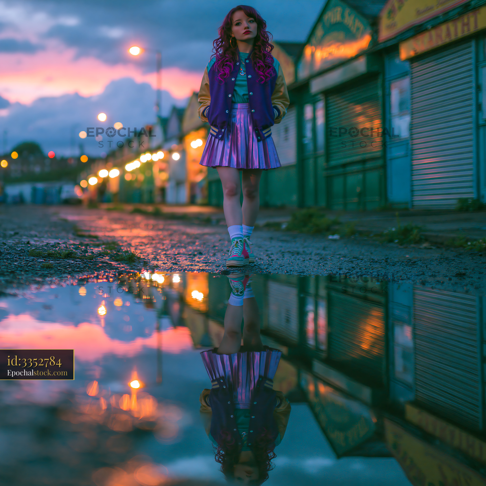 Watermarked full-resolution preview of Girl standing in a puddle reflecting lights at dusk