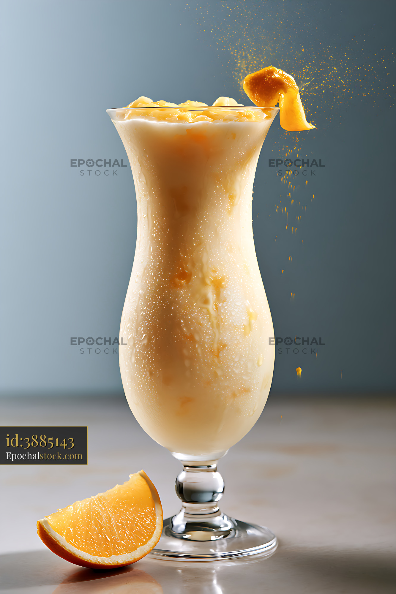 Watermarked full-resolution preview of Orange smoothie in glass with citrus garnish and splash