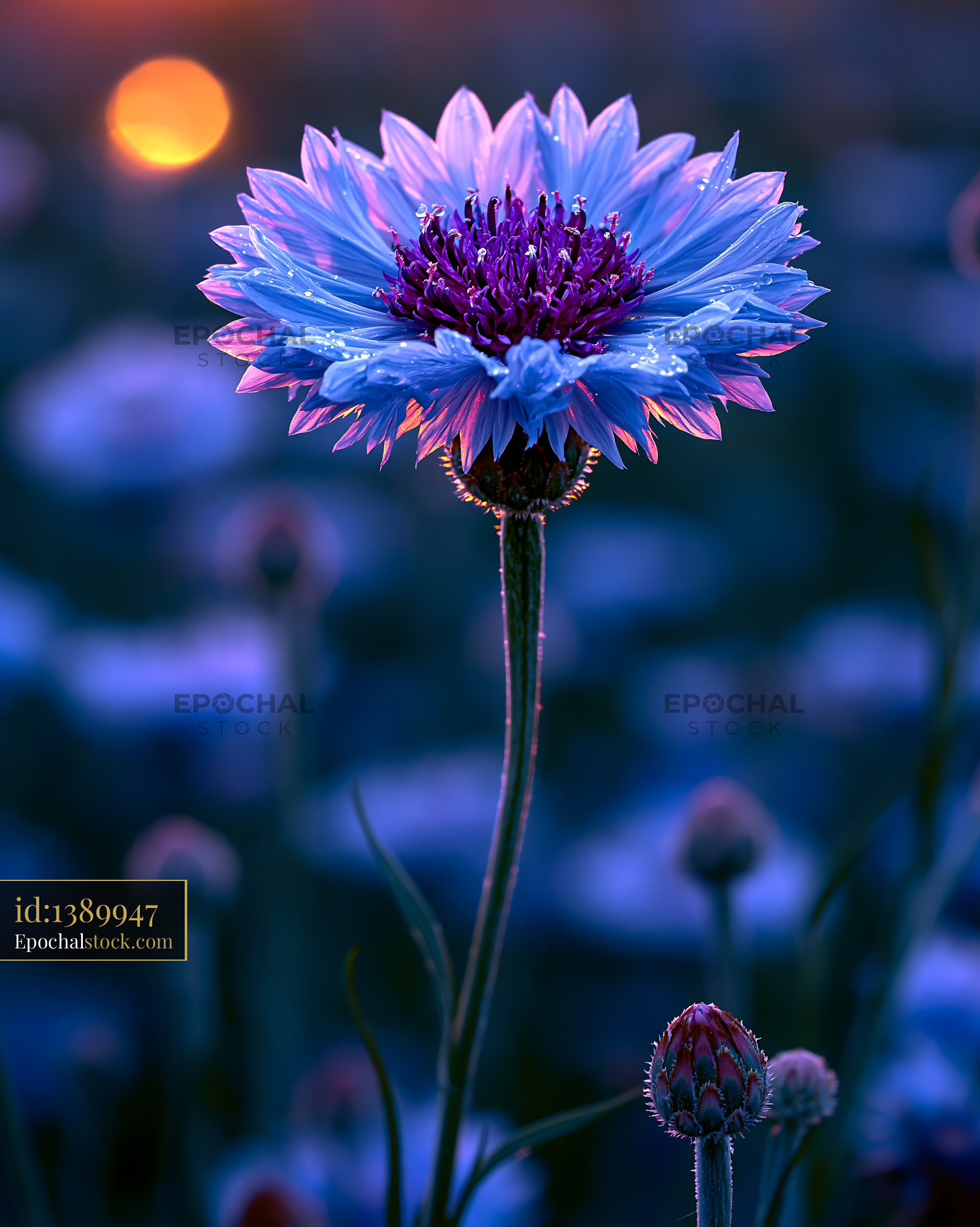 Watermarked full-resolution preview of Close up of a blue flower with dew at sunset