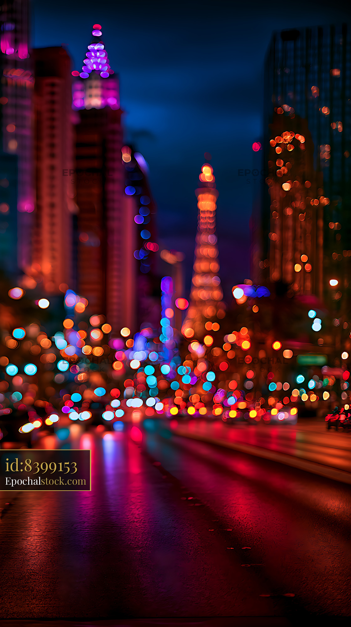 Watermarked full-resolution preview of Colorful blurred city lights reflecting on a wet road