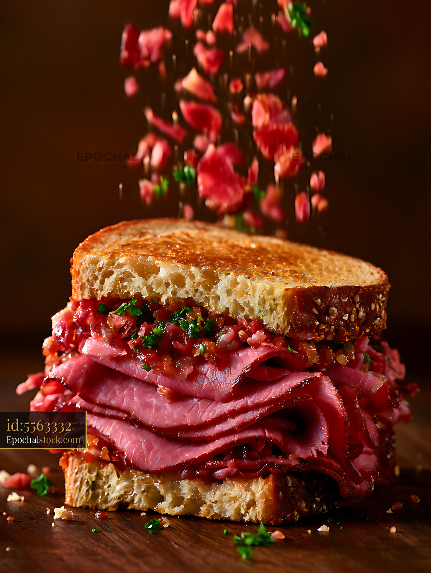 Watermarked full-resolution preview of Loaded deli sandwich with toasted seeded bread