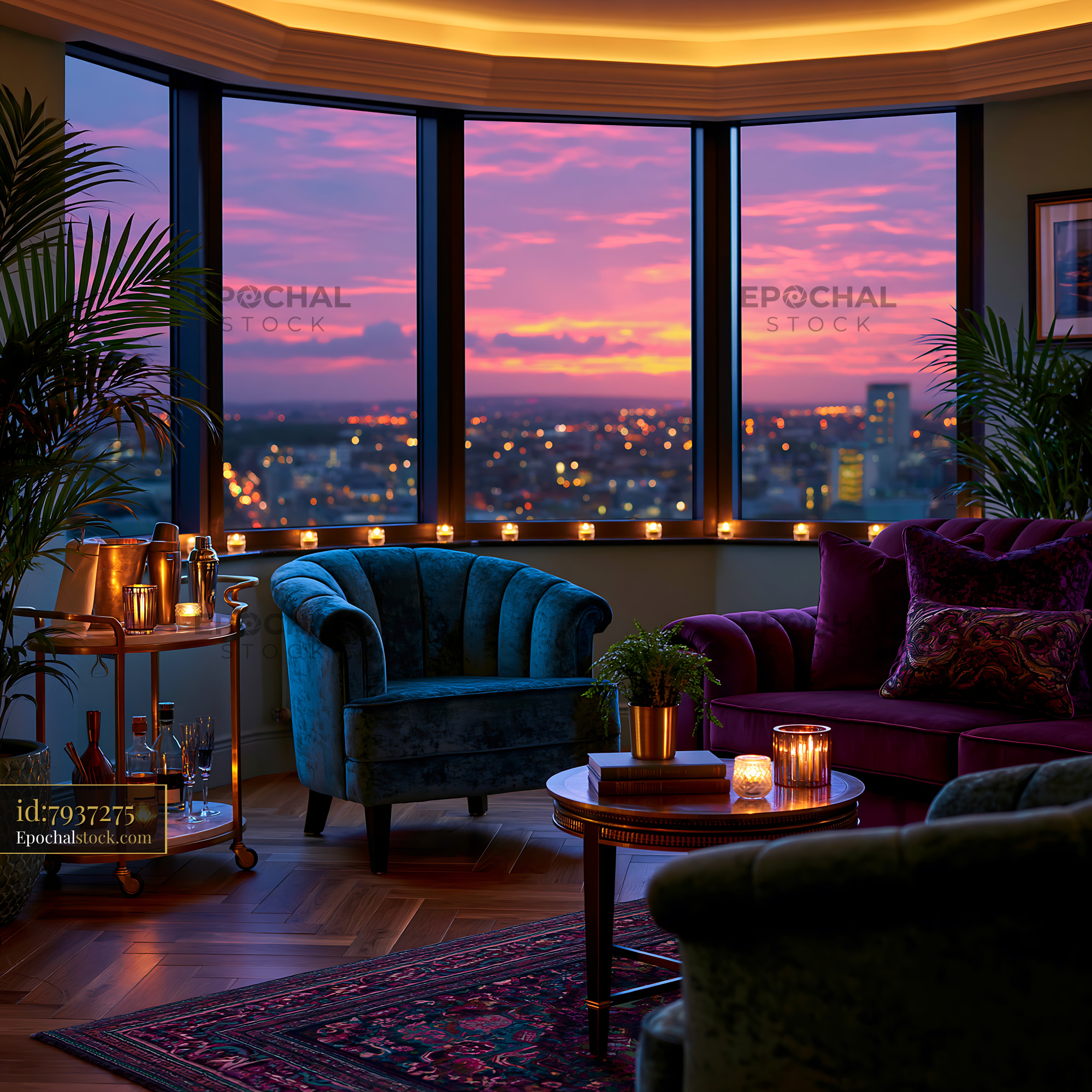 Watermarked full-resolution preview of Sunset view from a stylish living room with candles and plants
