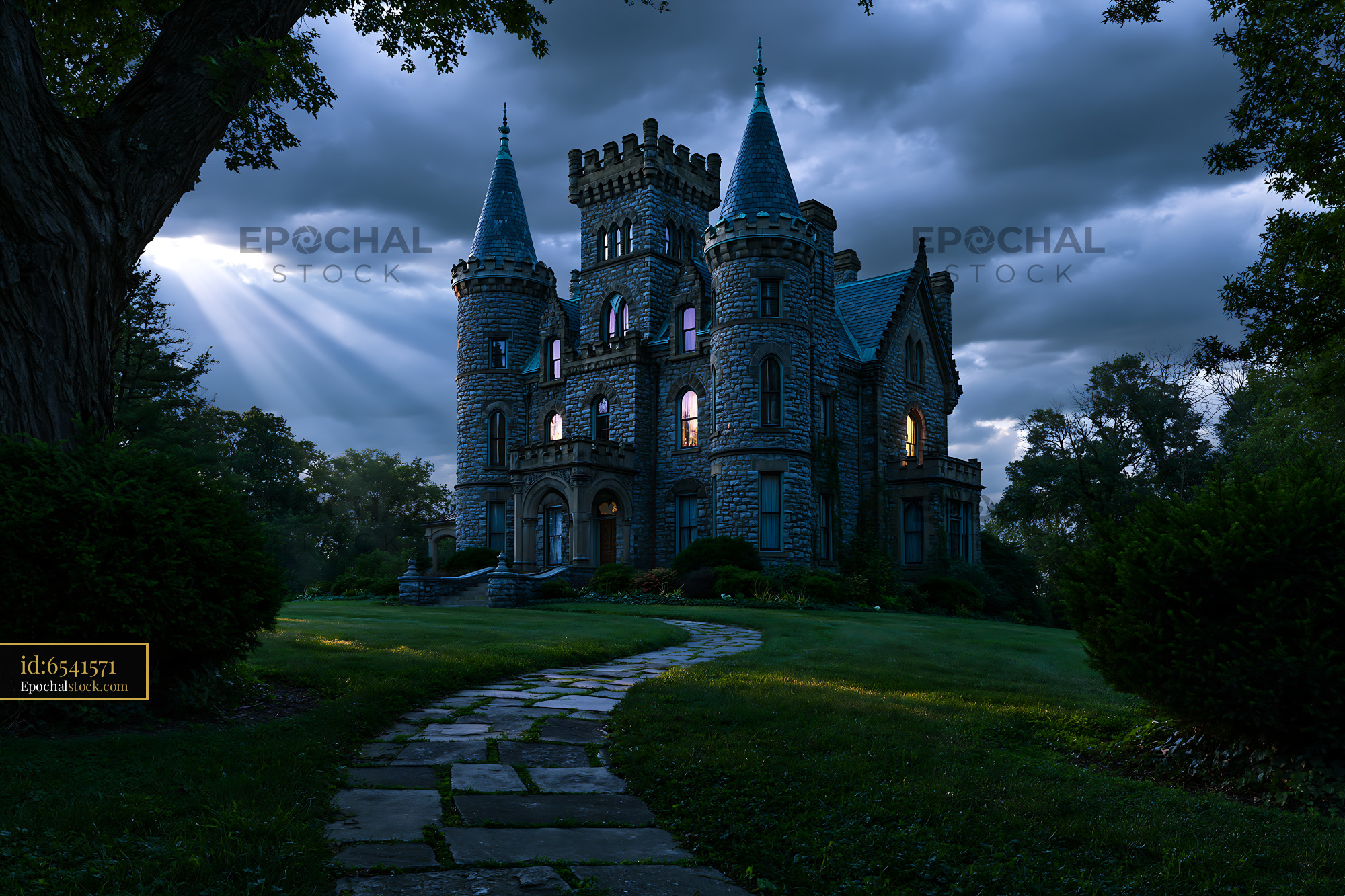 Watermarked full-resolution preview of Mysterious castle with tall towers and a winding path at night