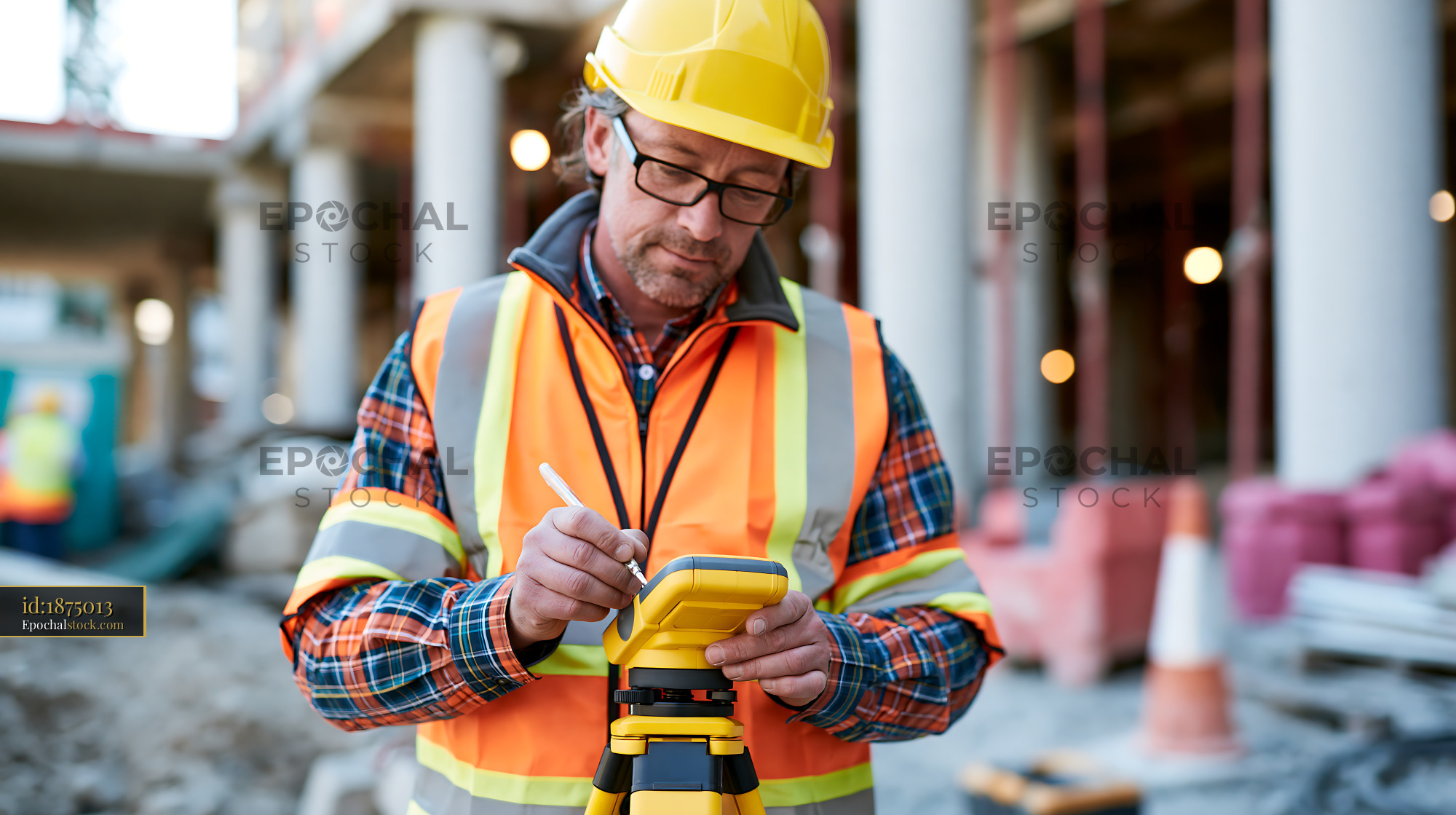 Watermarked full-resolution preview of Construction worker using a level on a building site