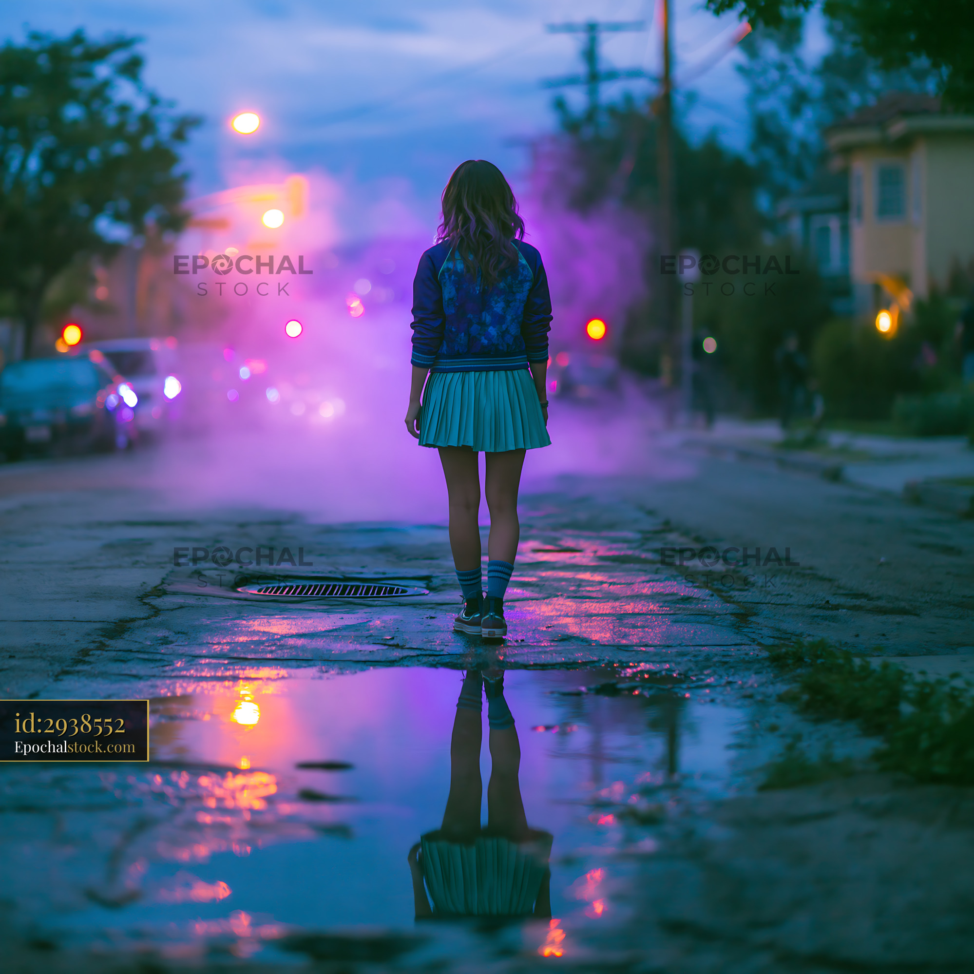 Watermarked full-resolution preview of Girl walking in a street with fog and reflections at dusk