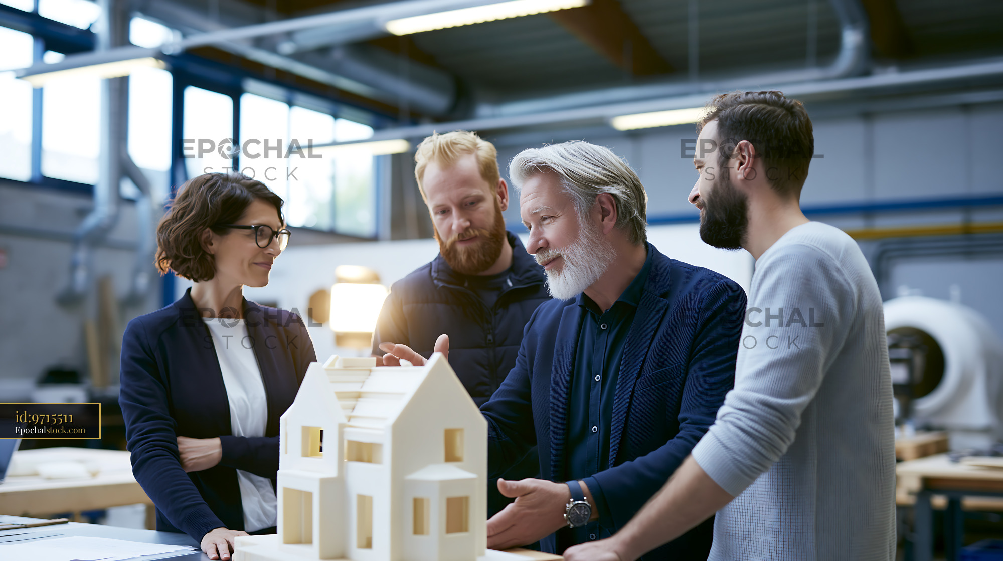 Watermarked full-resolution preview of Team discusses design plans for a wooden house model in workshop