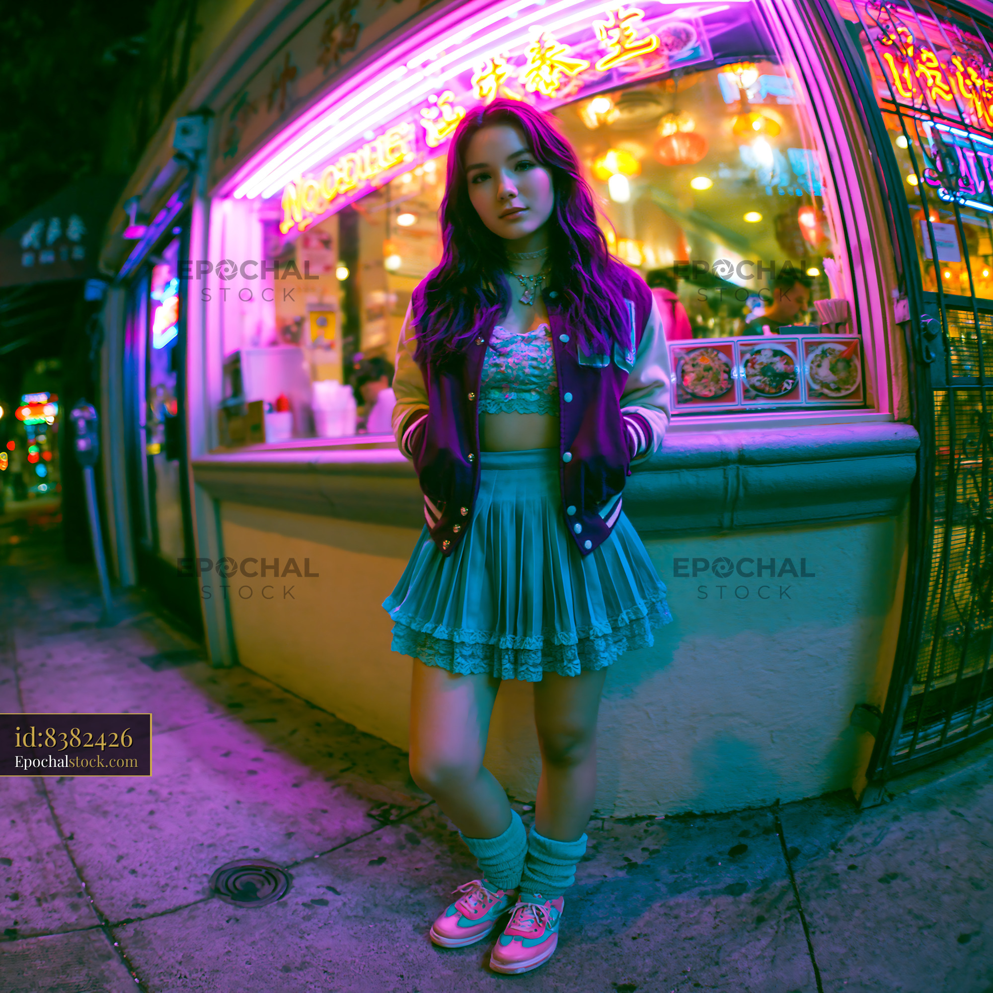 Watermarked full-resolution preview of Woman in colorful neon light outside a restaurant