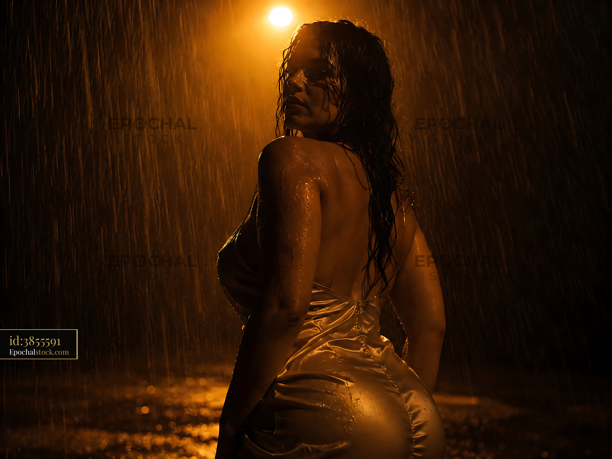 Watermarked full-resolution preview of Woman in wet dress standing under streetlight at night
