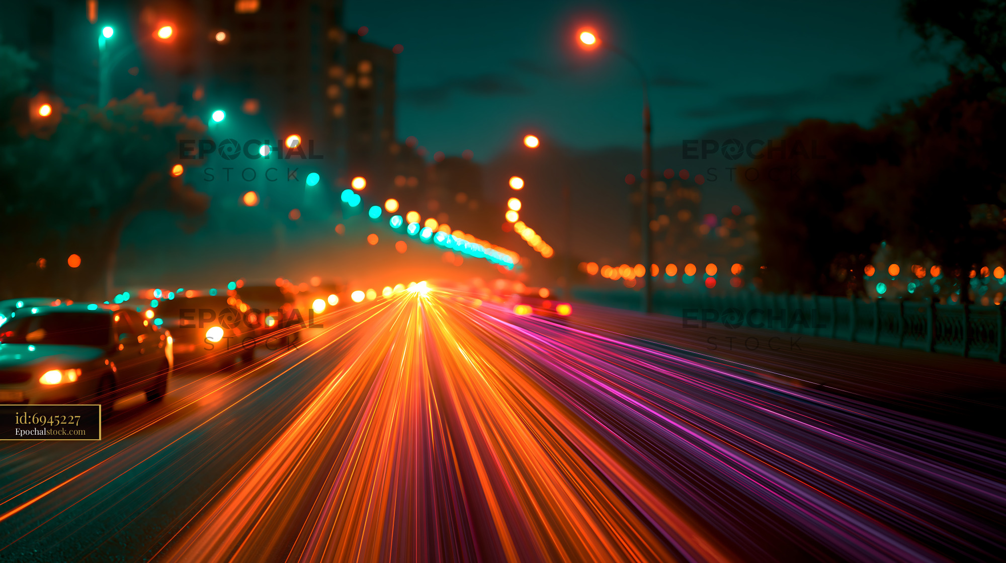 Watermarked full-resolution preview of Motion of cars on a busy city street at night