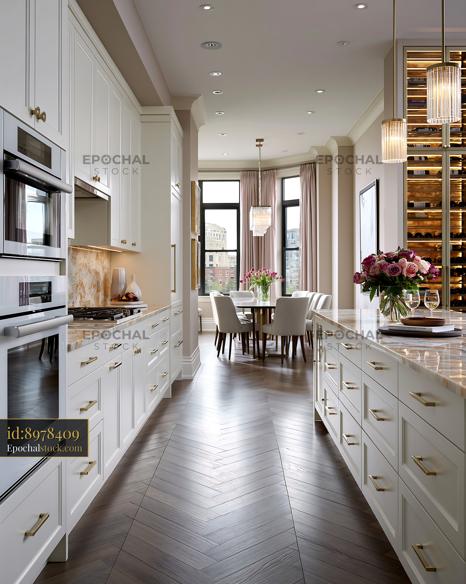 Watermarked full-resolution preview of Modern kitchen with dining area and wine storage in bright space