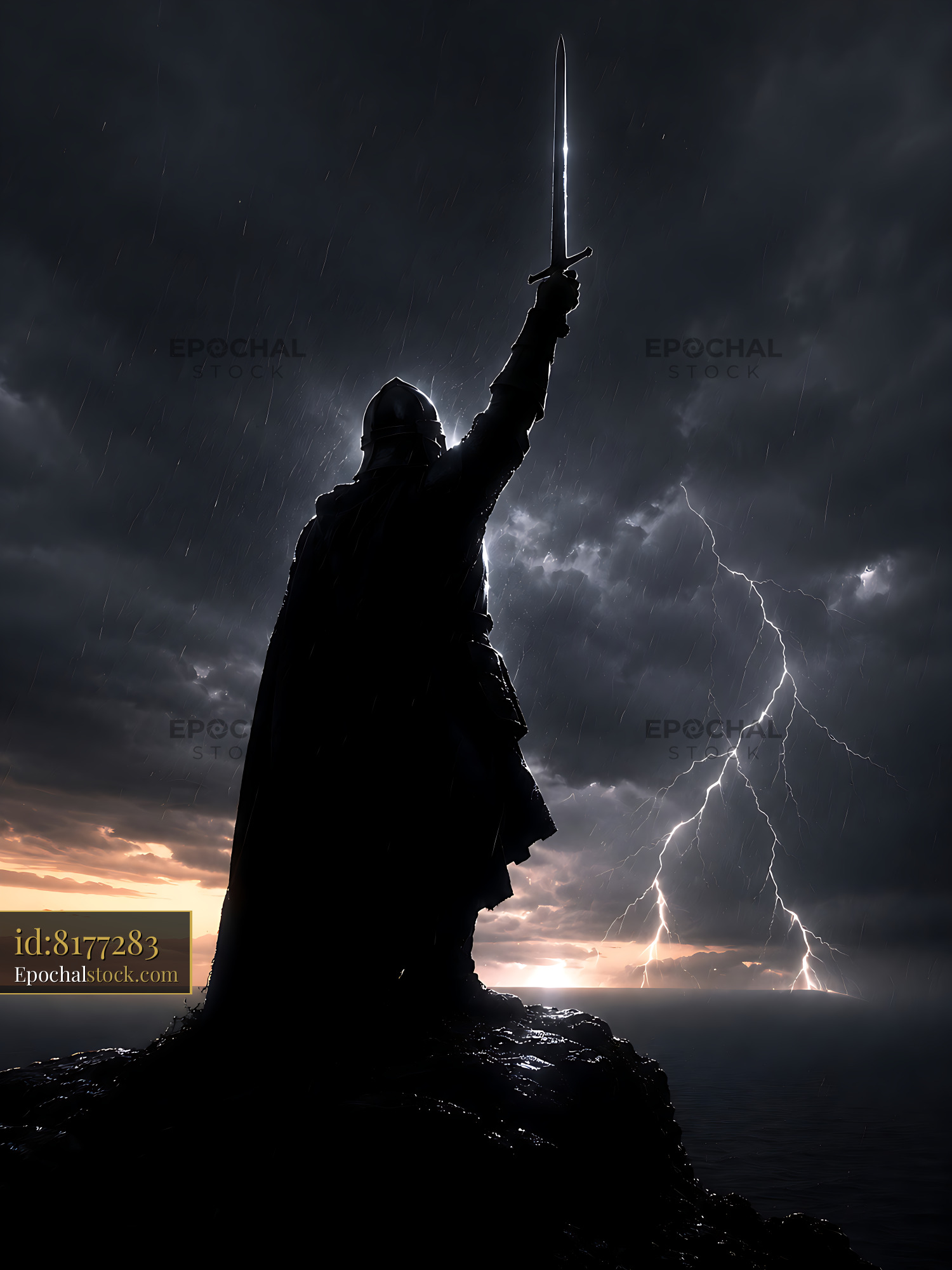 Warrior Stands on Cliff Holding Sword Against Stormy Sky - stock photo