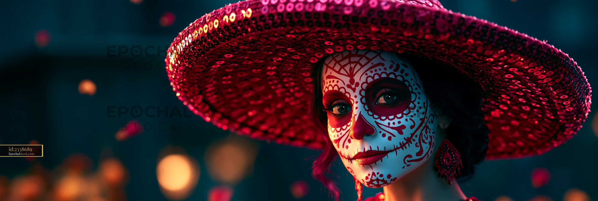 Watermarked full-resolution preview of Woman in a wide-brimmed hat with face paint celebrating tradition