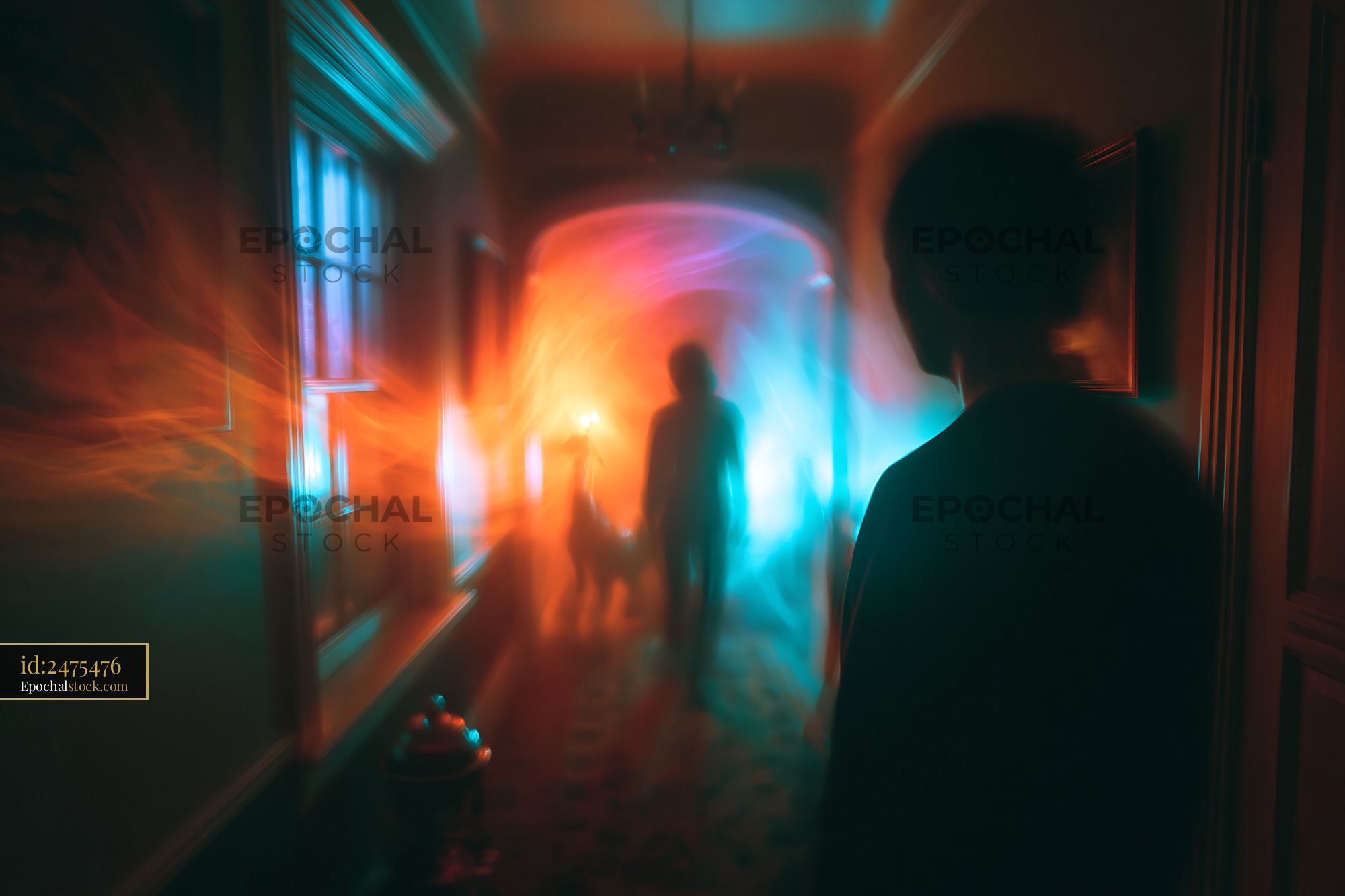 Watermarked full-resolution preview of Figures walking in a hallway with colorful light effects