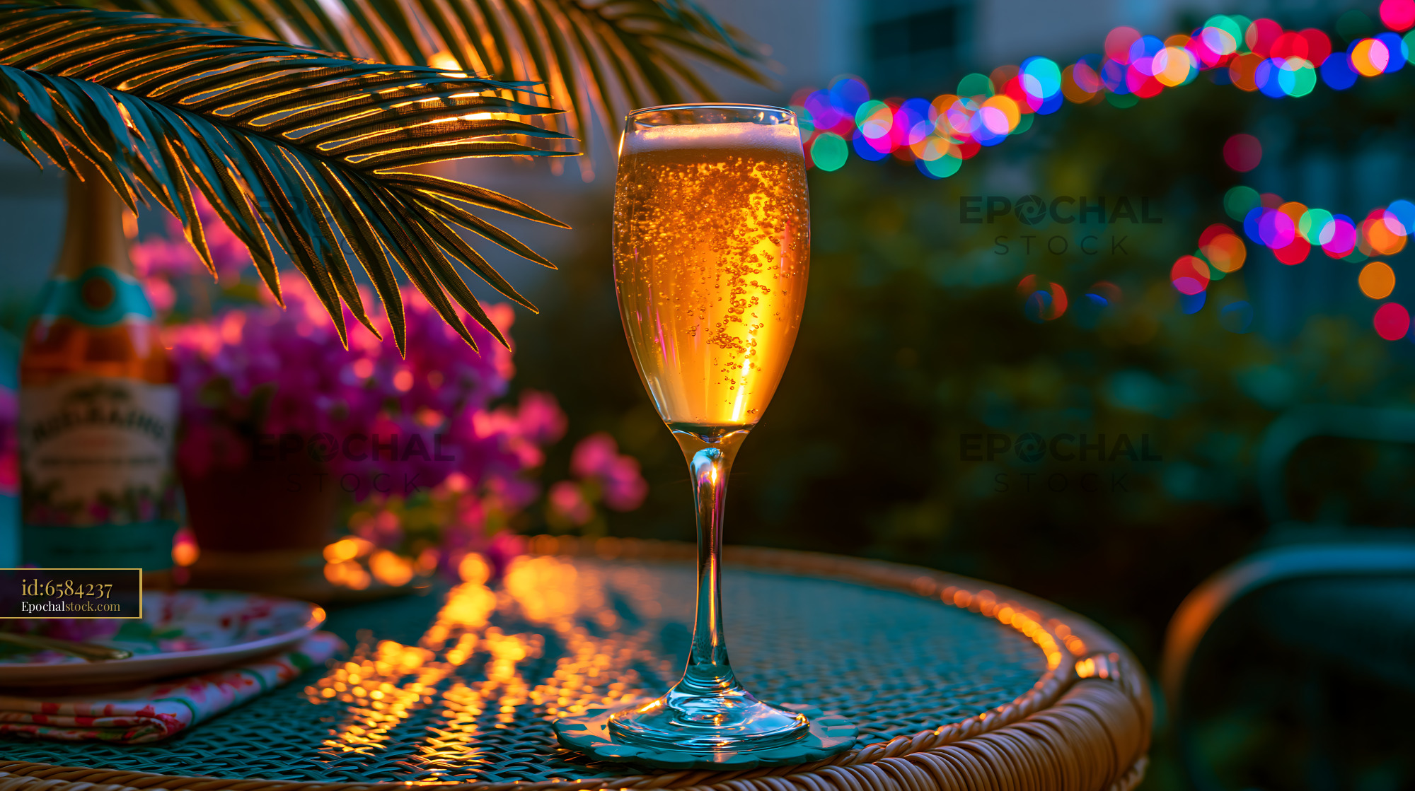 Watermarked full-resolution preview of Evening drink with bubbles by the garden in soft light