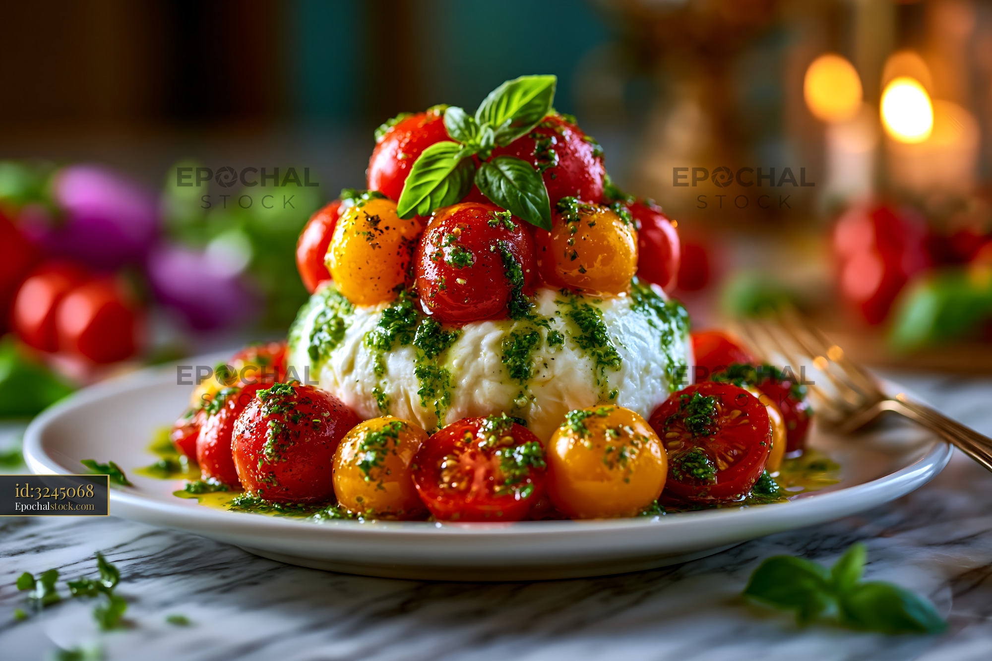 Watermarked full-resolution preview of Fresh tomatoes on a plate with herbs and cheese