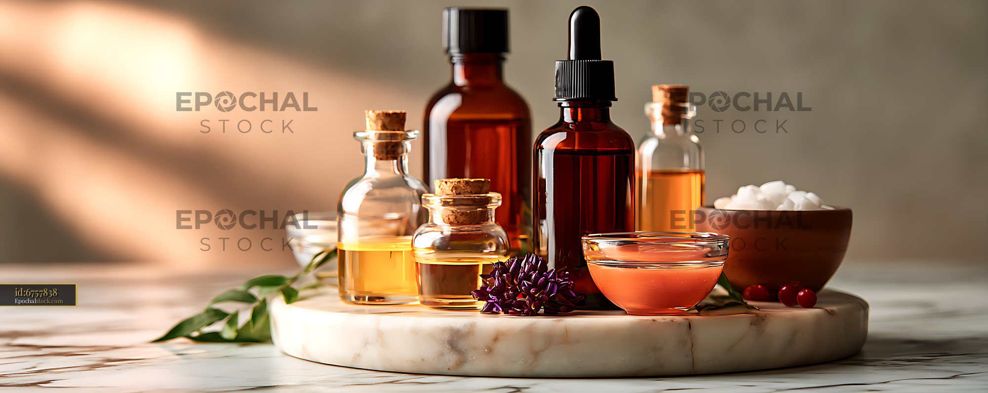 Watermarked full-resolution preview of Warm natural skincare still life with glass bottles and cream