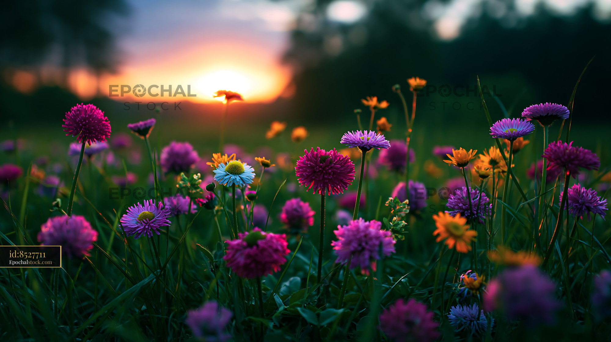 Watermarked full-resolution preview of Colorful flowers in a field during sunset
