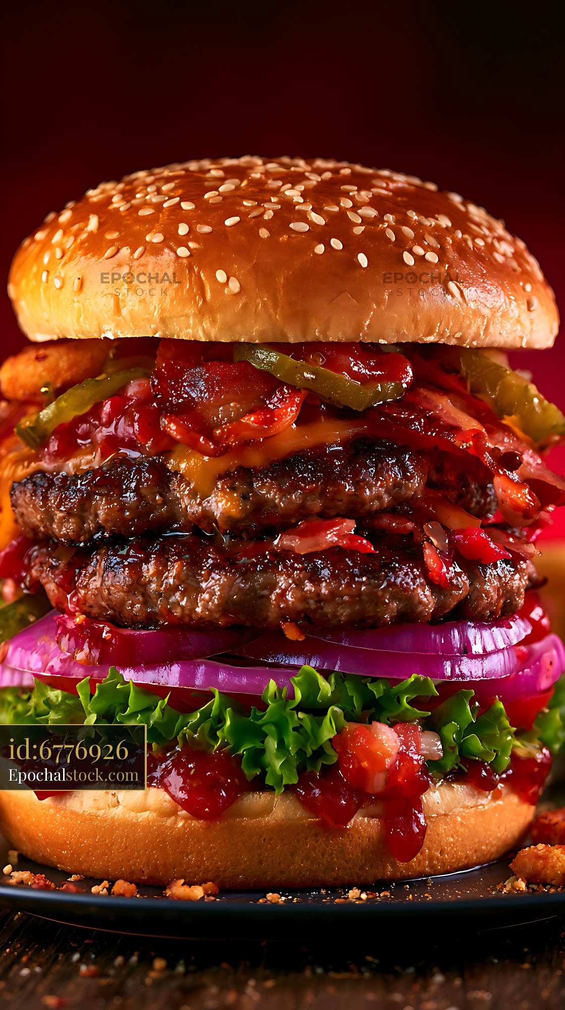 Watermarked full-resolution preview of Loaded double beef hamburger with colorful fresh toppings