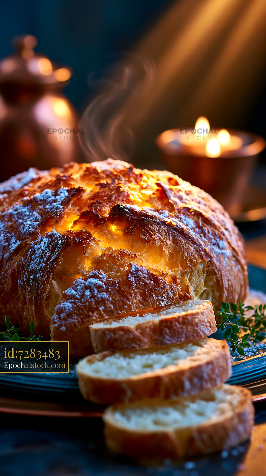 Watermarked full-resolution preview of Freshly baked bread with steam rising and sliced pieces on a plate