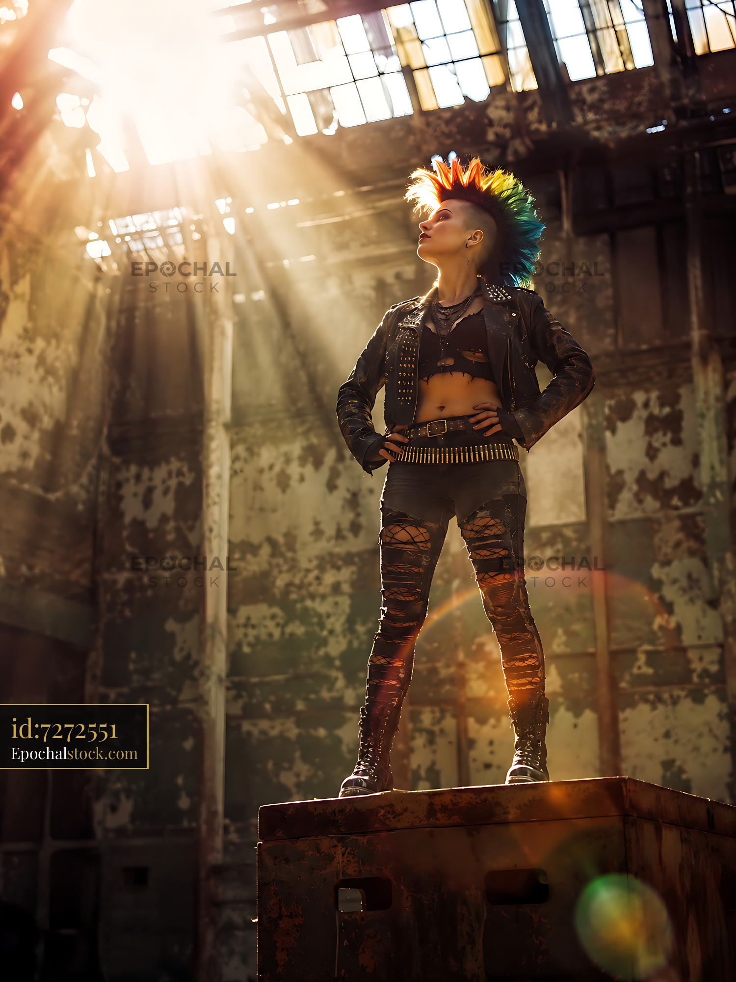 Watermarked full-resolution preview of Punk youth poses confidently in abandoned warehouse