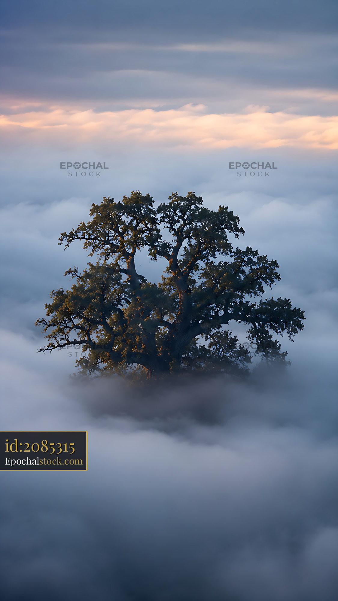 Tree Stands Above Foggy Landscape During Golden Hour Light - stock photo