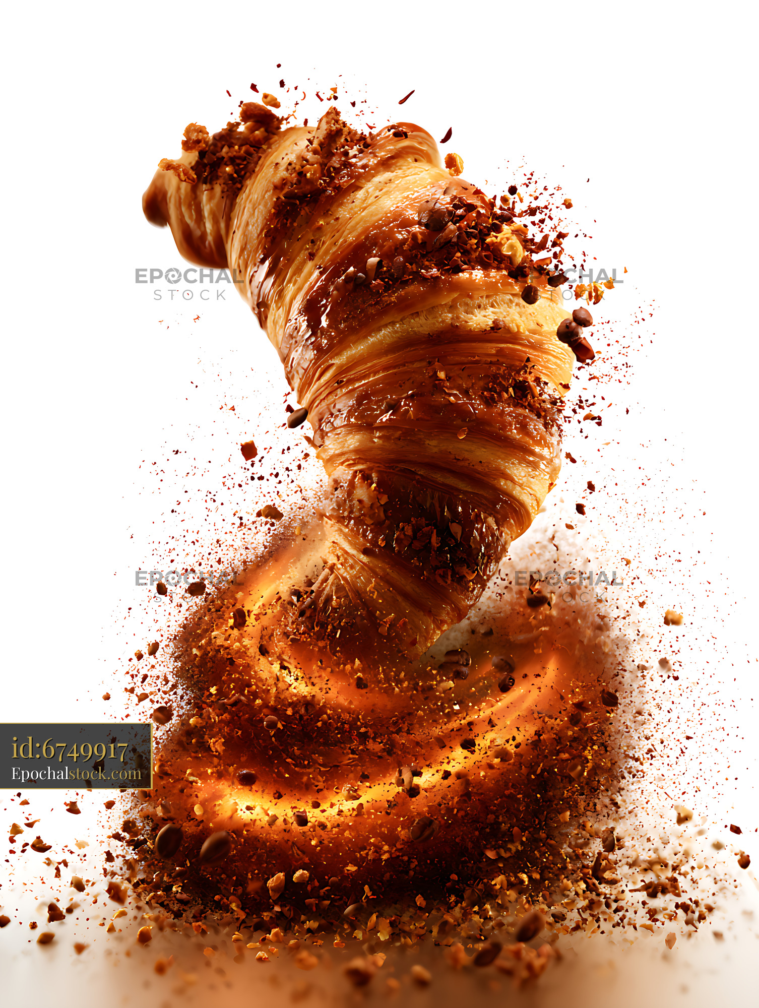 Watermarked full-resolution preview of Chocolate croissant with hazelnut topping and flying crumbs