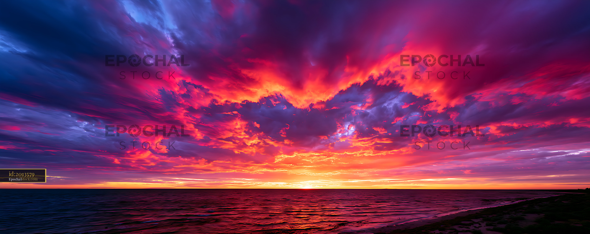 Watermarked full-resolution preview of Vibrant sunset over ocean with colorful clouds in the sky