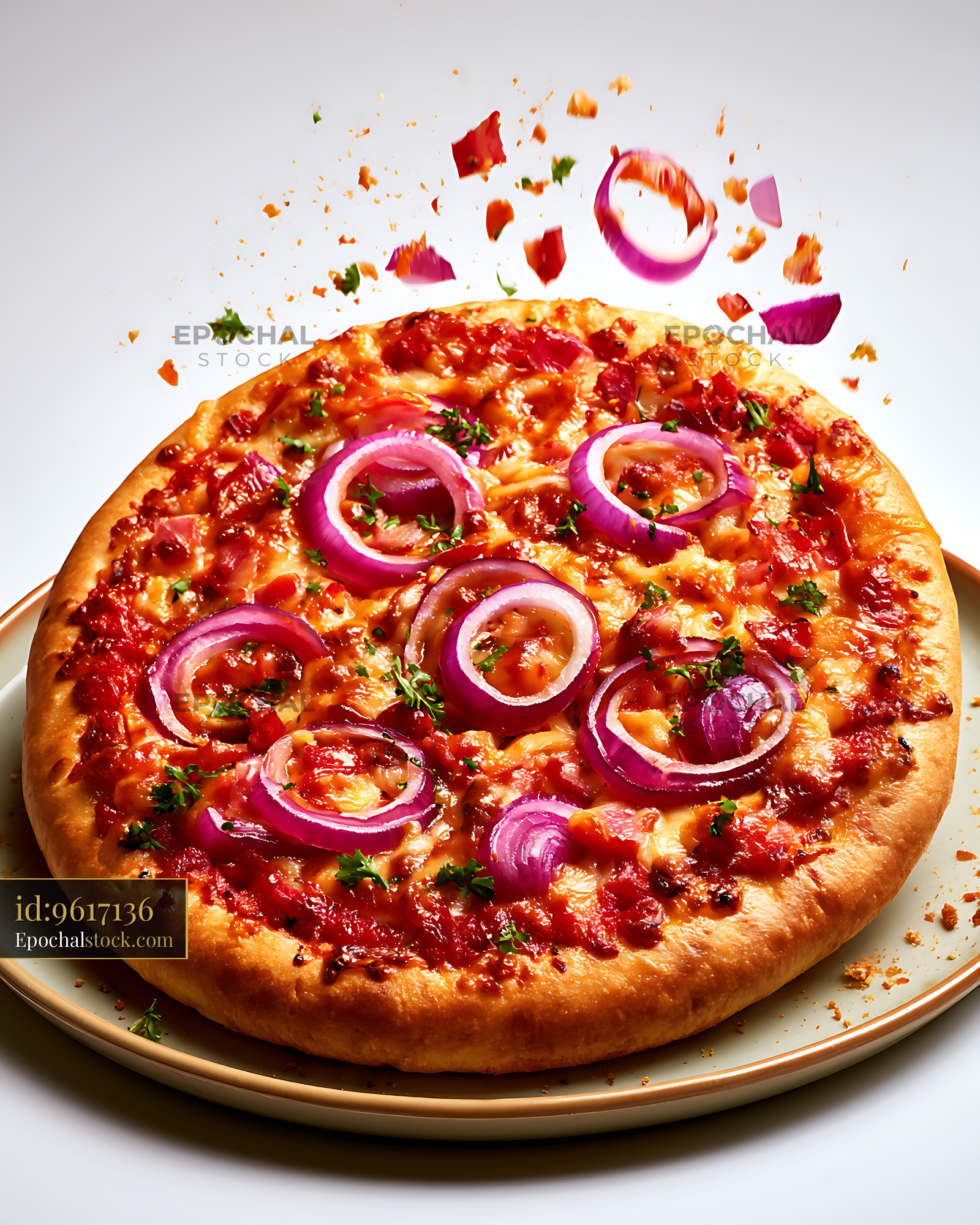 Watermarked full-resolution preview of Pizza with red onions and herbs on a plate