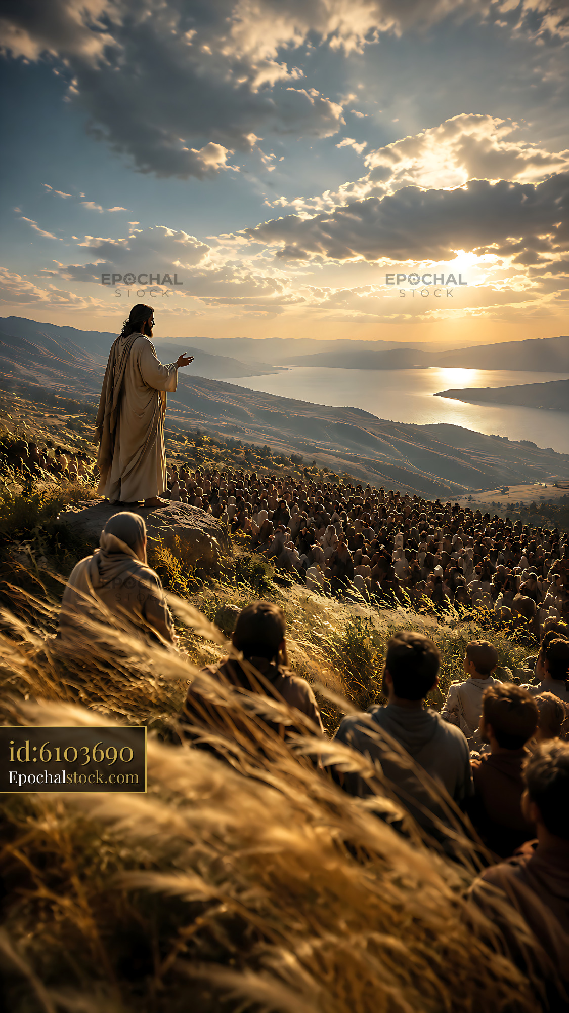 Watermarked full-resolution preview of Man speaking to large crowd on hillside during sunset