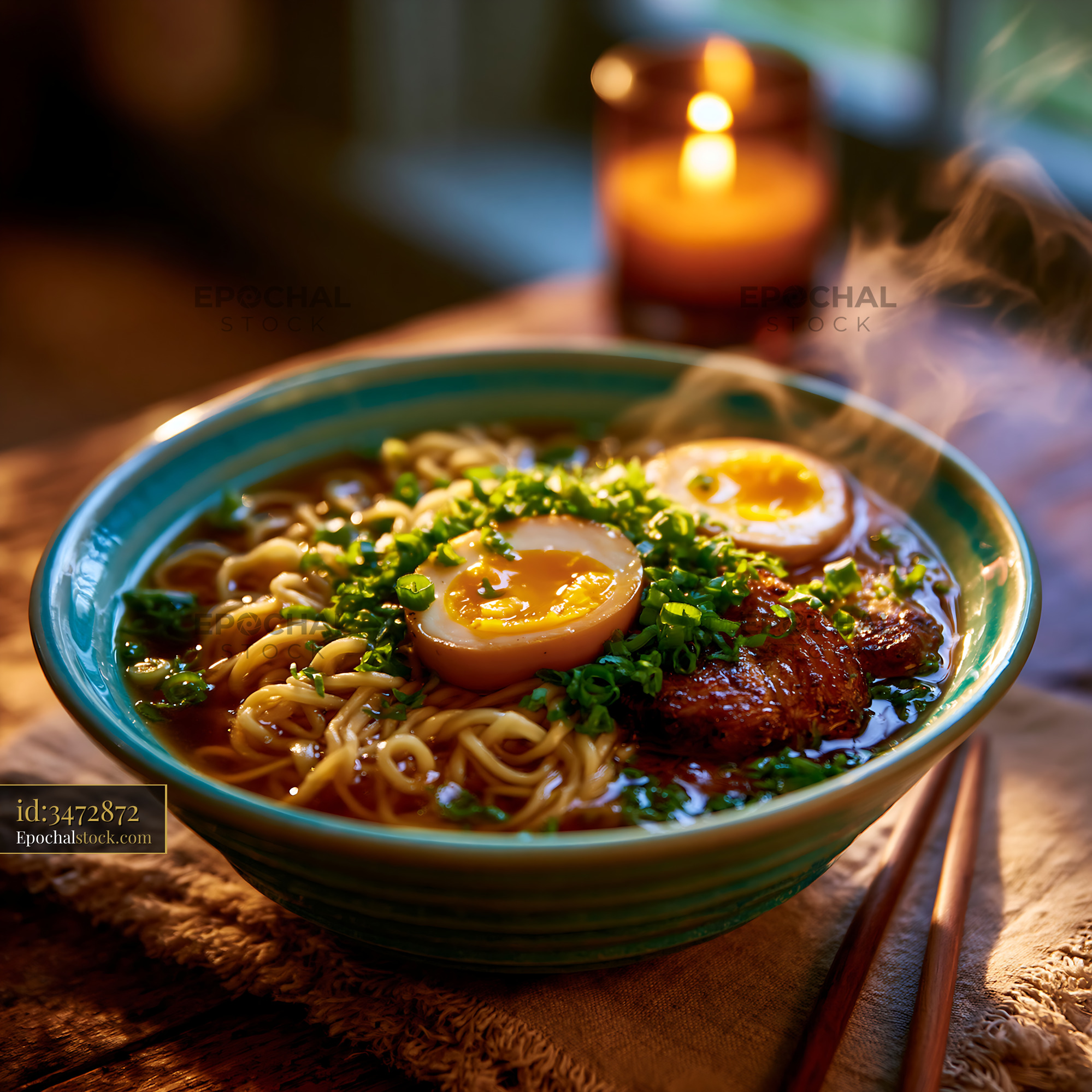 Watermarked full-resolution preview of Noodle soup with soft egg and greens on a rustic table