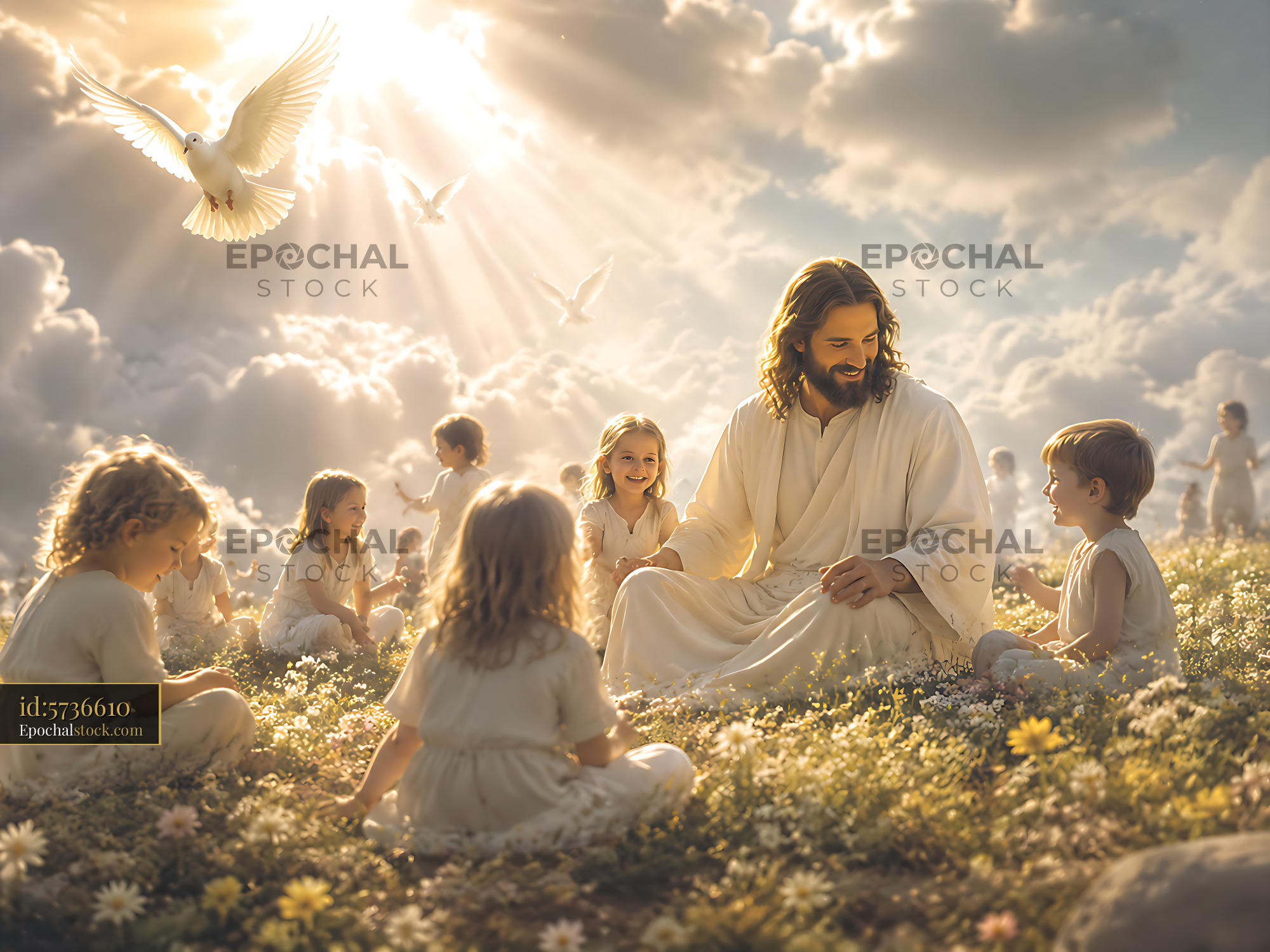 Watermarked full-resolution preview of Jesus surrounded by children in a field