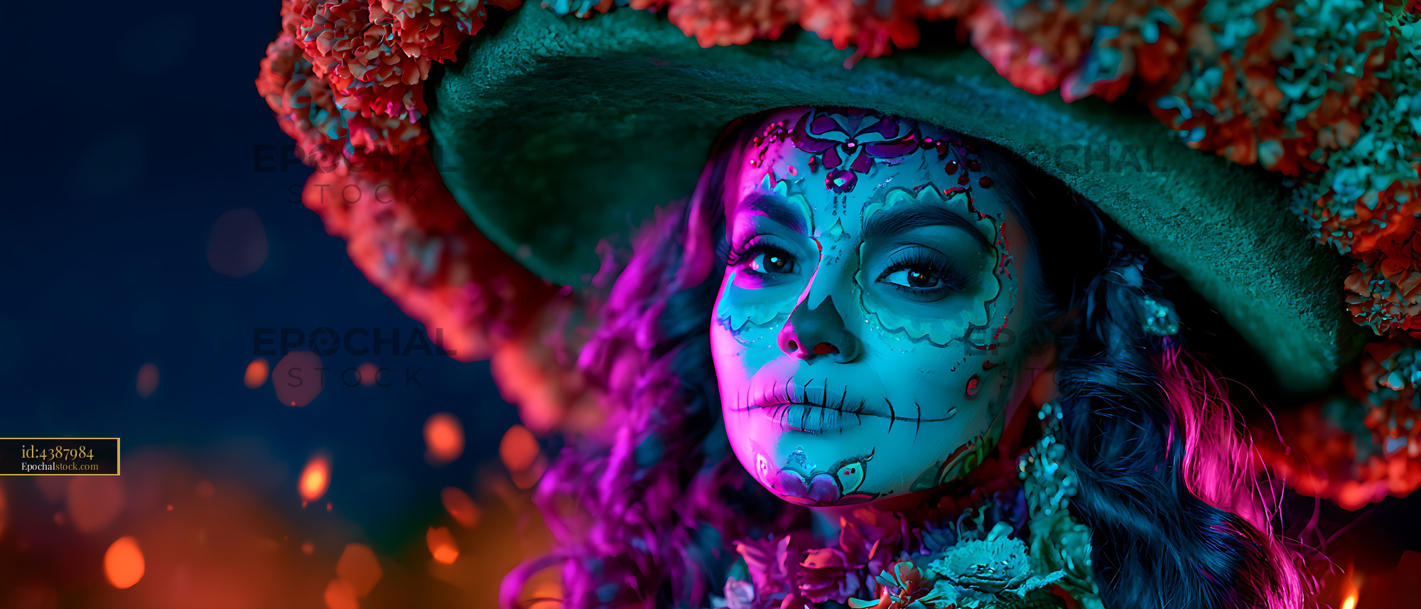 Watermarked full-resolution preview of Vivid close-up portrait with skull-inspired makeup and floral hat