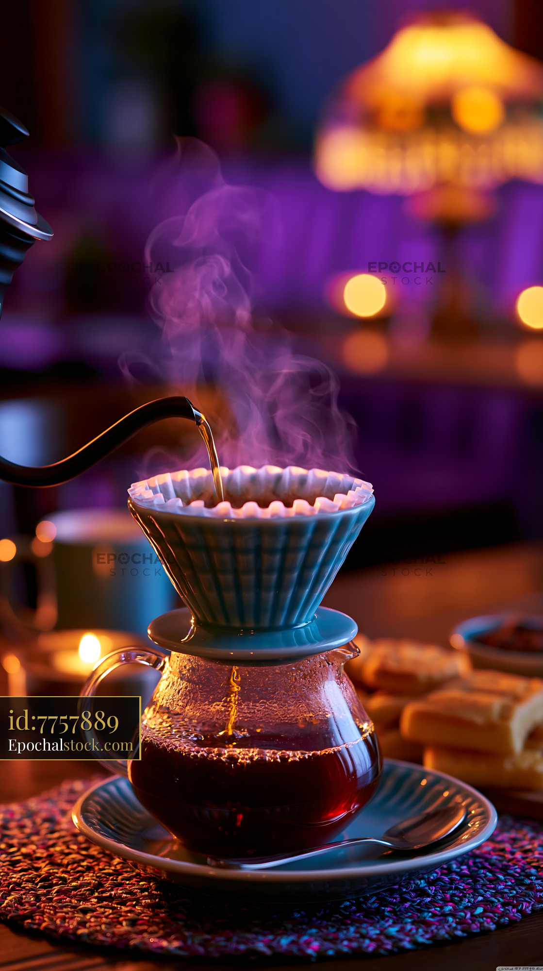 Watermarked full-resolution preview of Brewing coffee in a cozy setting with warm lighting