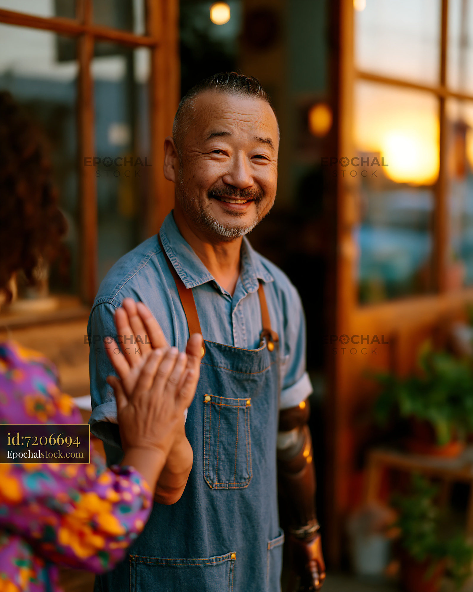 Joyful Craftsman With a Prosthetic Hand Greets at Sunset - stock photo
