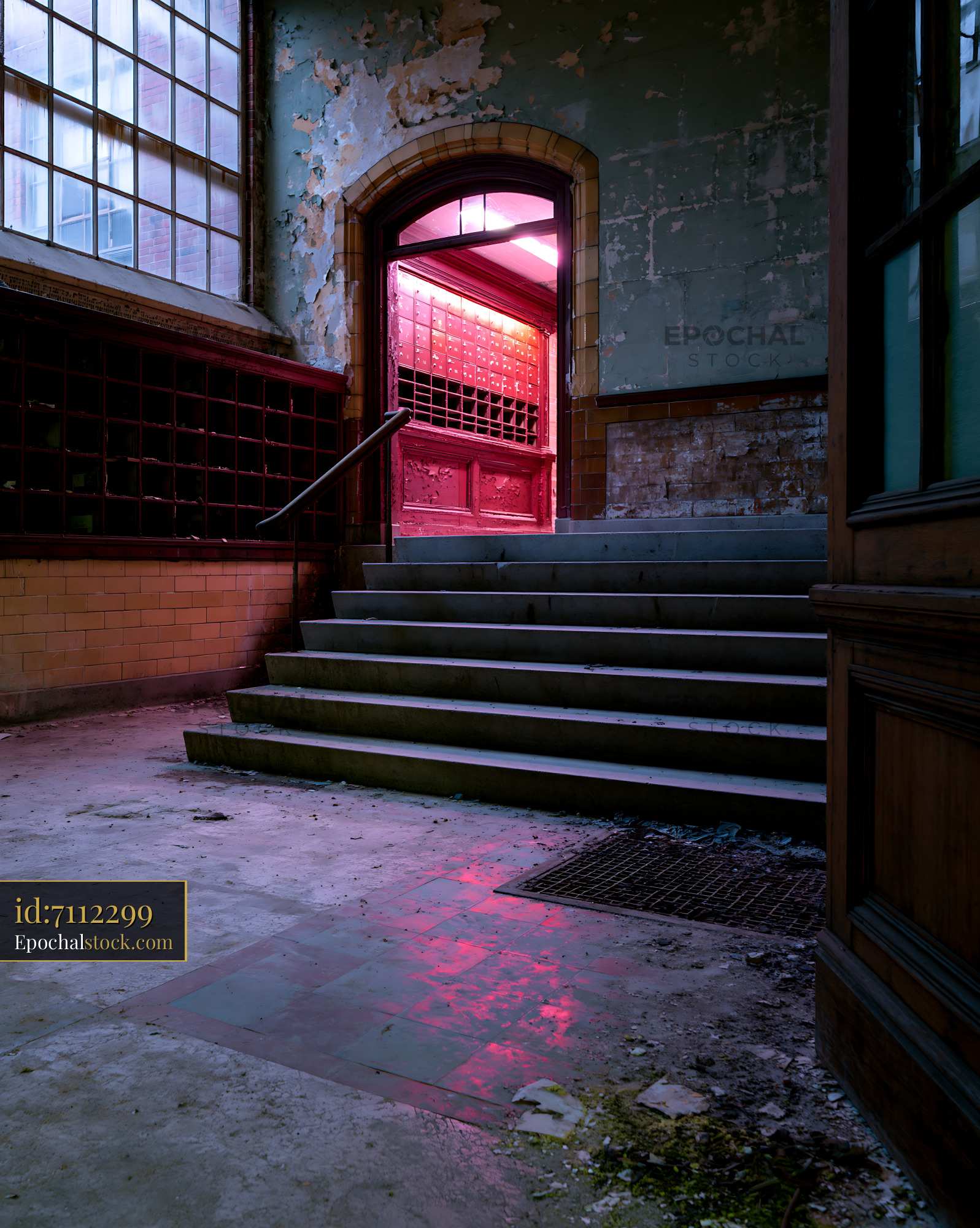 Watermarked full-resolution preview of Old building interior with stairs and glowing doorway