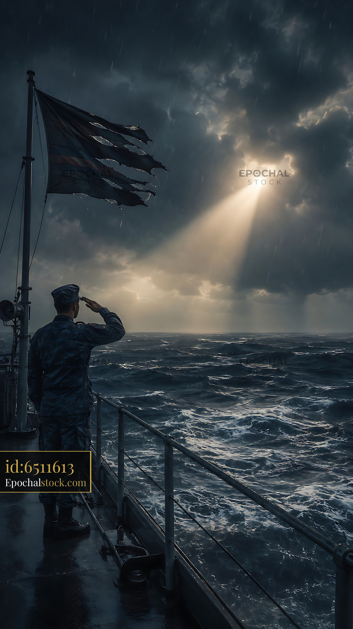 Watermarked full-resolution preview of Soldier saluting at sea under dark clouds and sunlight
