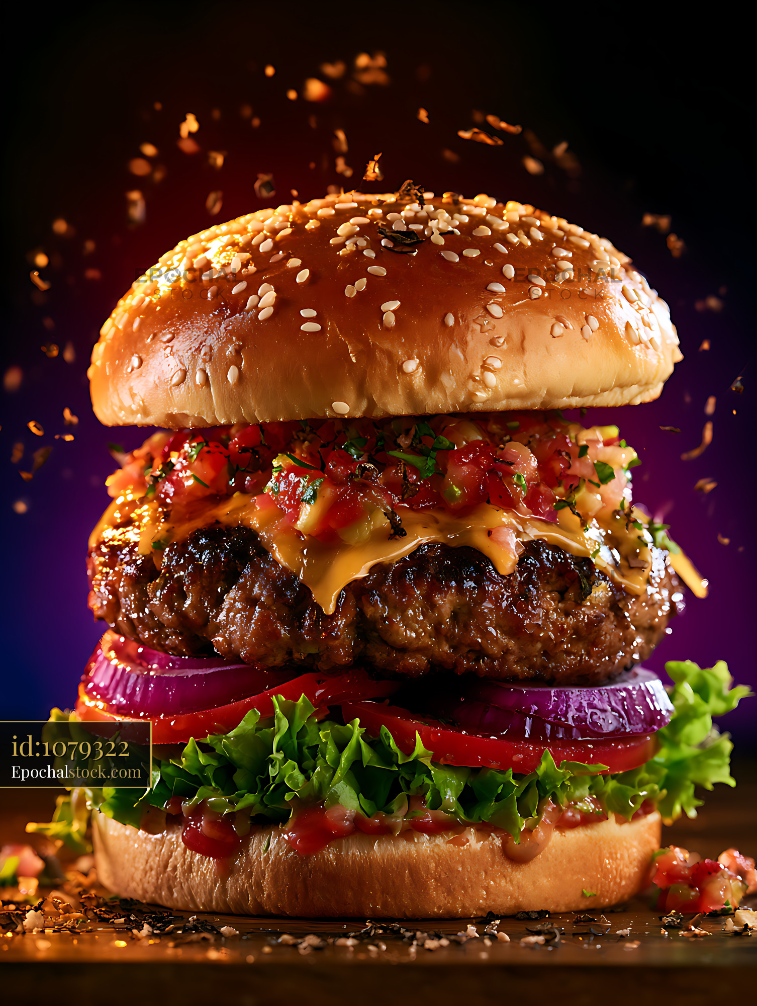 Watermarked full-resolution preview of Close-up gourmet cheeseburger with colorful fresh toppings