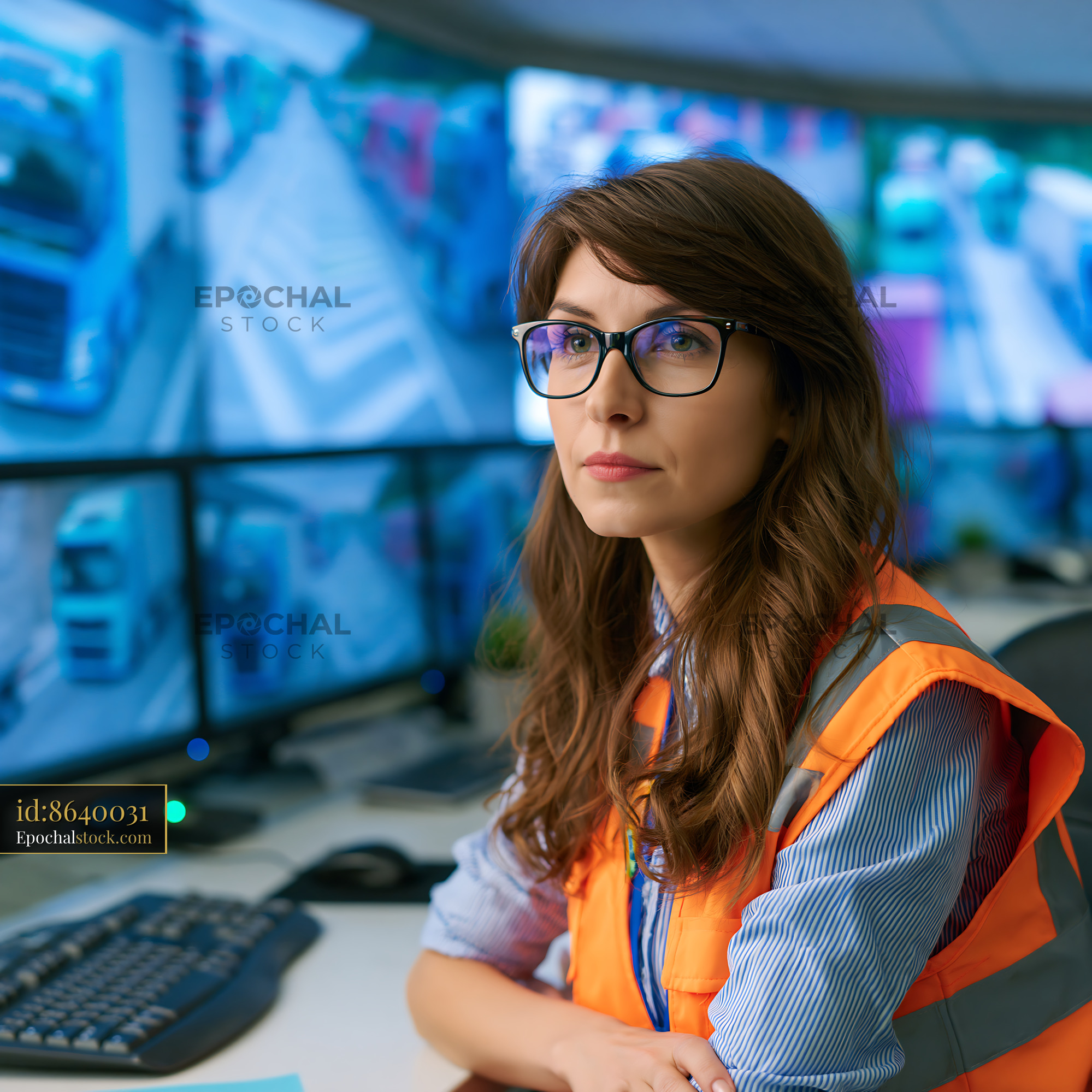 Watermarked full-resolution preview of Professional woman at a multi-screen control workstation