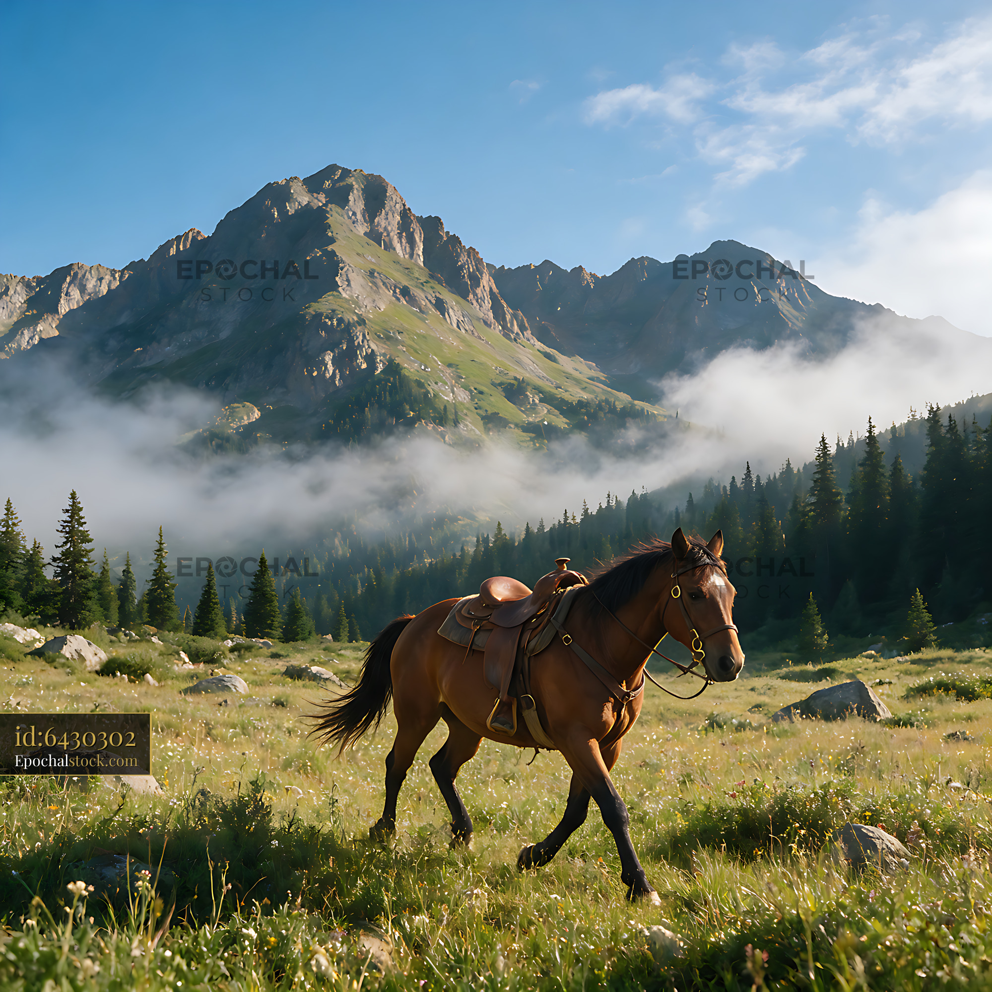 Watermarked full-resolution preview of Saddled horse in an alpine meadow with misty mountains