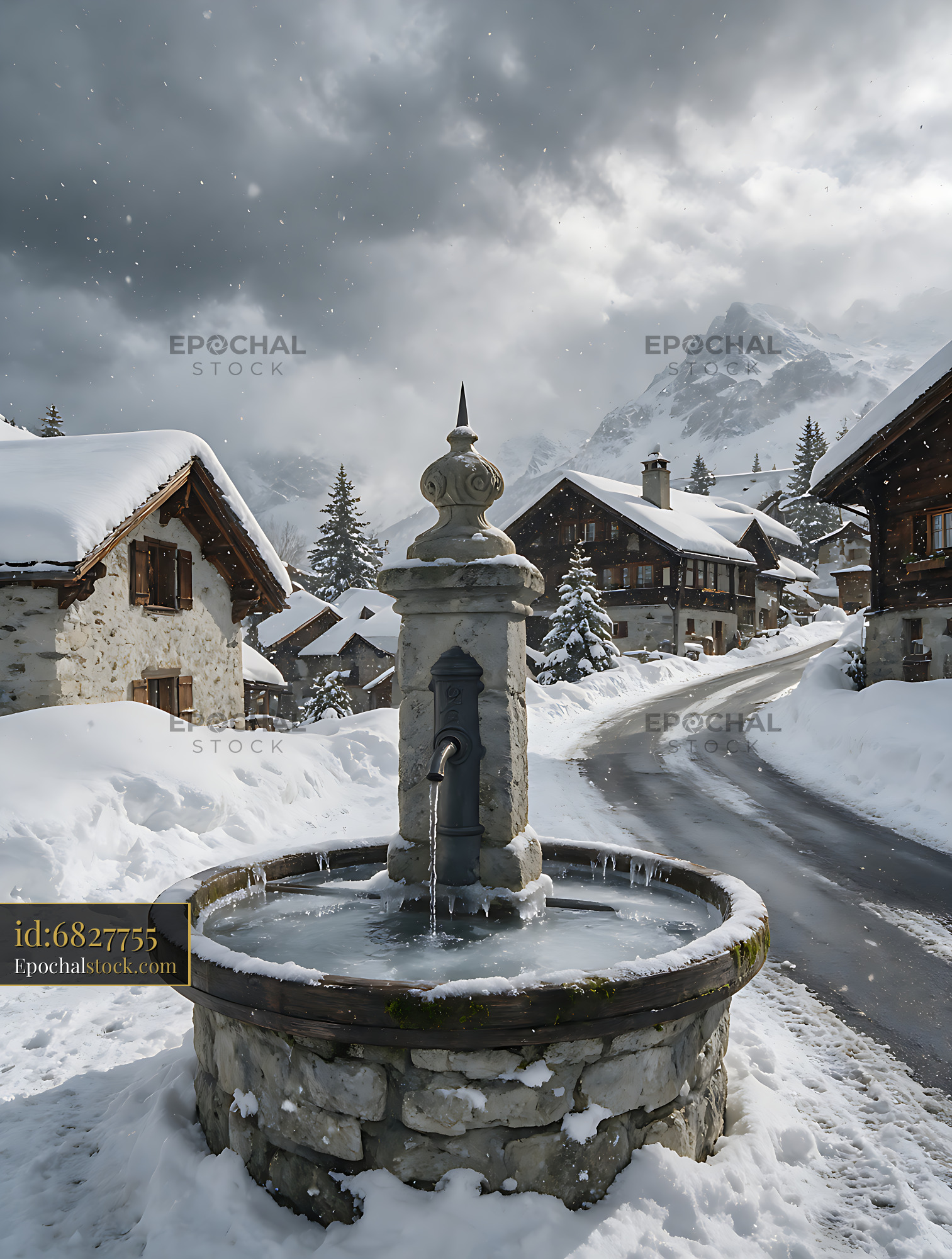 Watermarked full-resolution preview of Snow-covered fountain in a Swiss alpine village