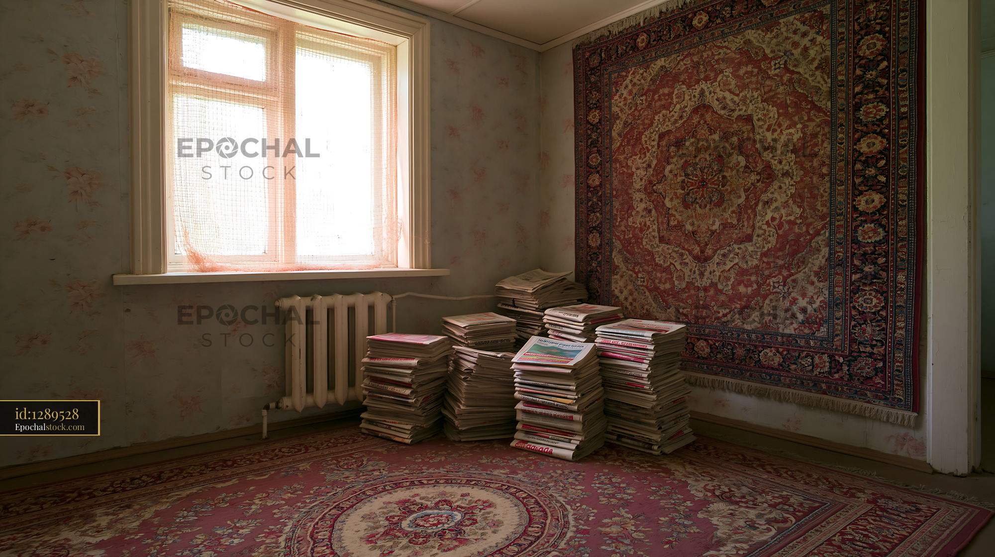 Watermarked full-resolution preview of Books stacked in an old room with a large carpet and window