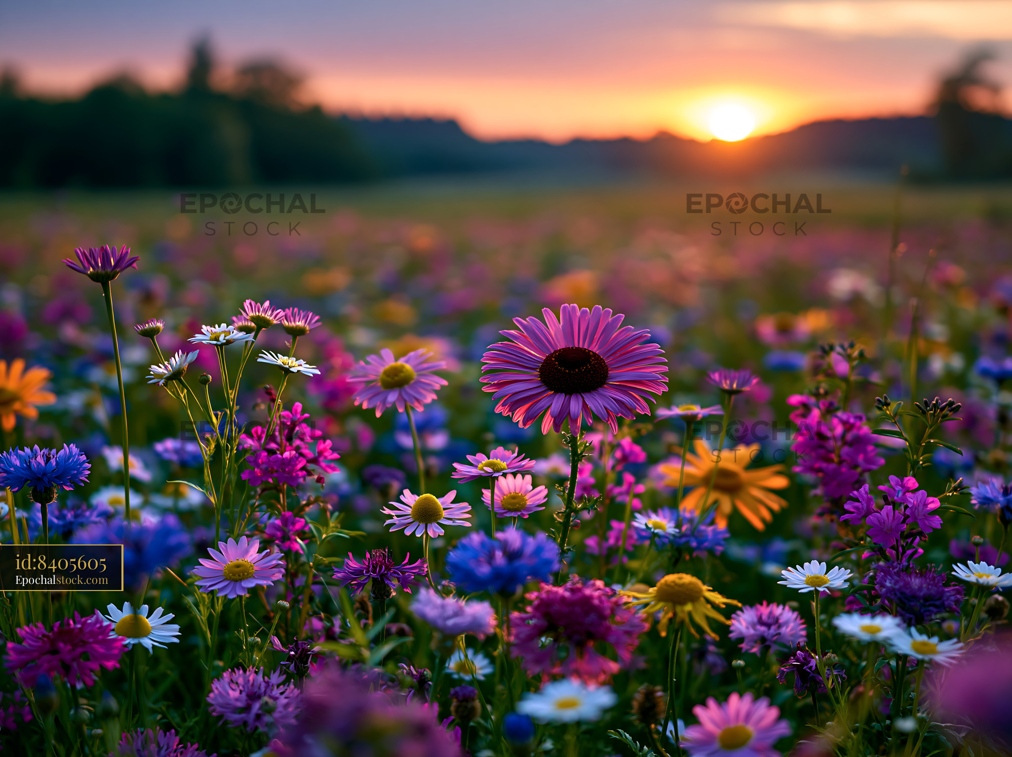 Watermarked full-resolution preview of Colorful flowers blooming in a field at sunset