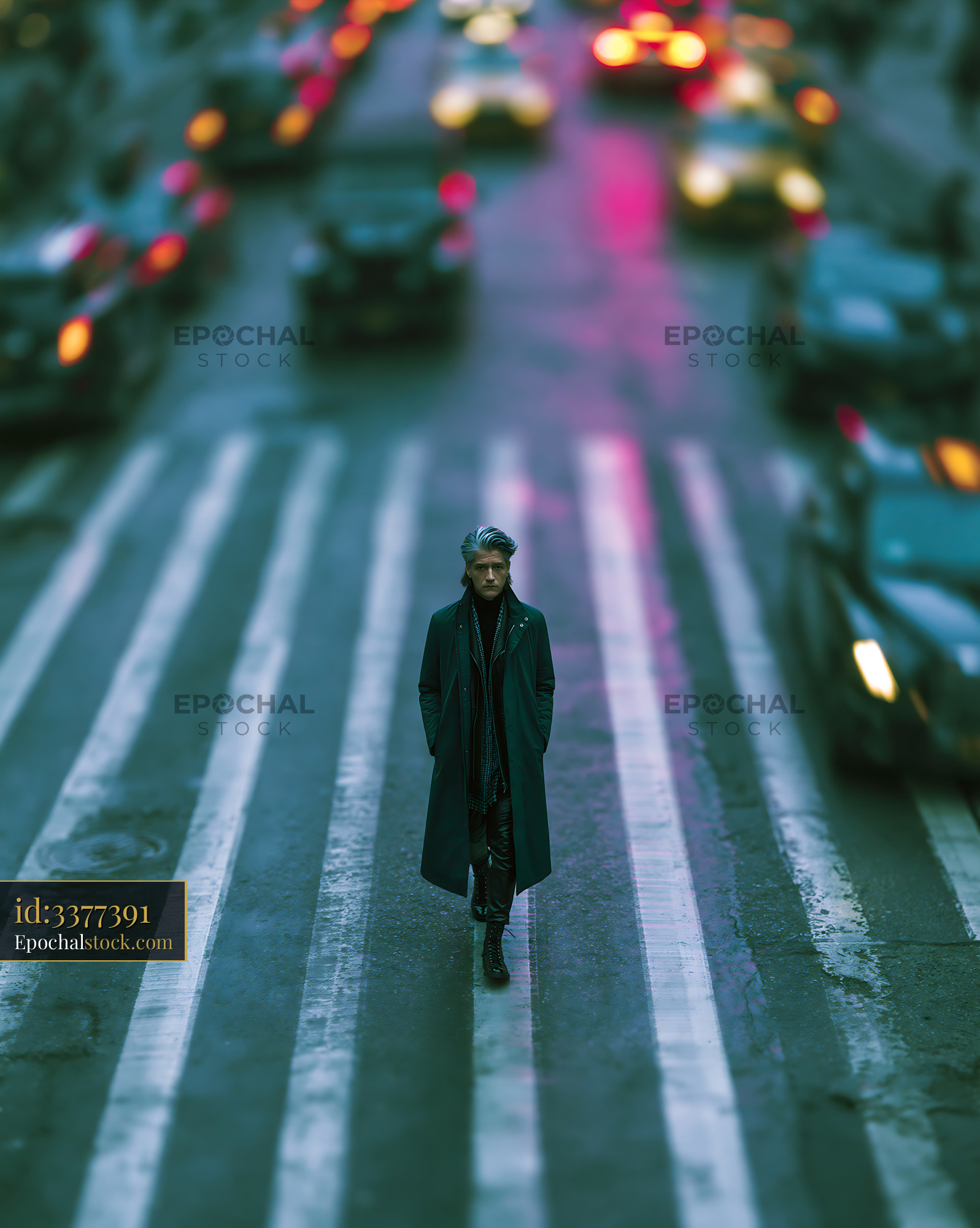 Watermarked full-resolution preview of Person walking on crosswalk in busy street with cars