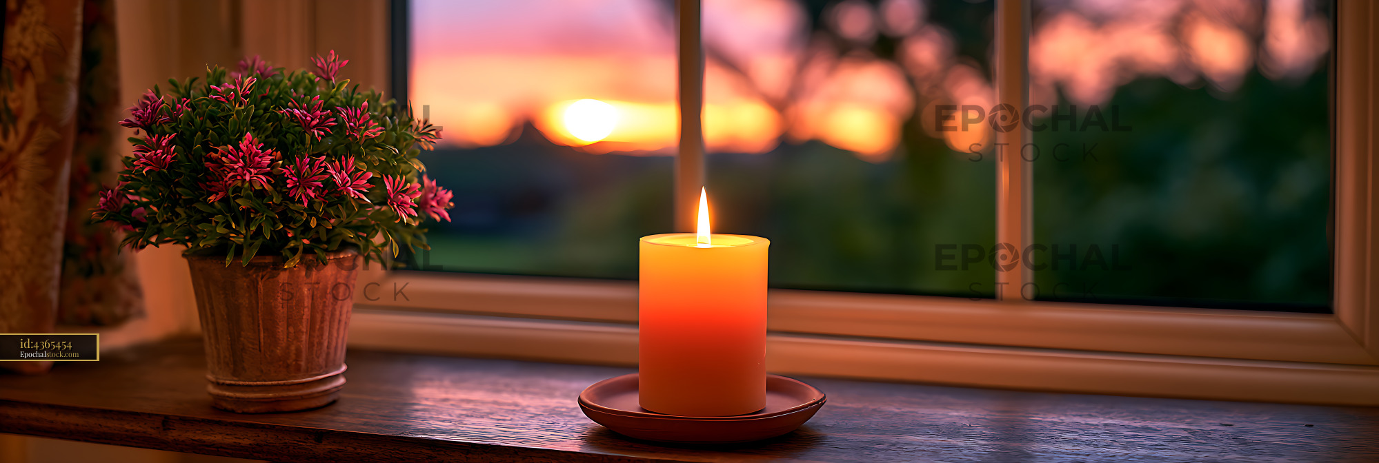Watermarked full-resolution preview of Cozy windowsill with candle, flowering plant, and sunset