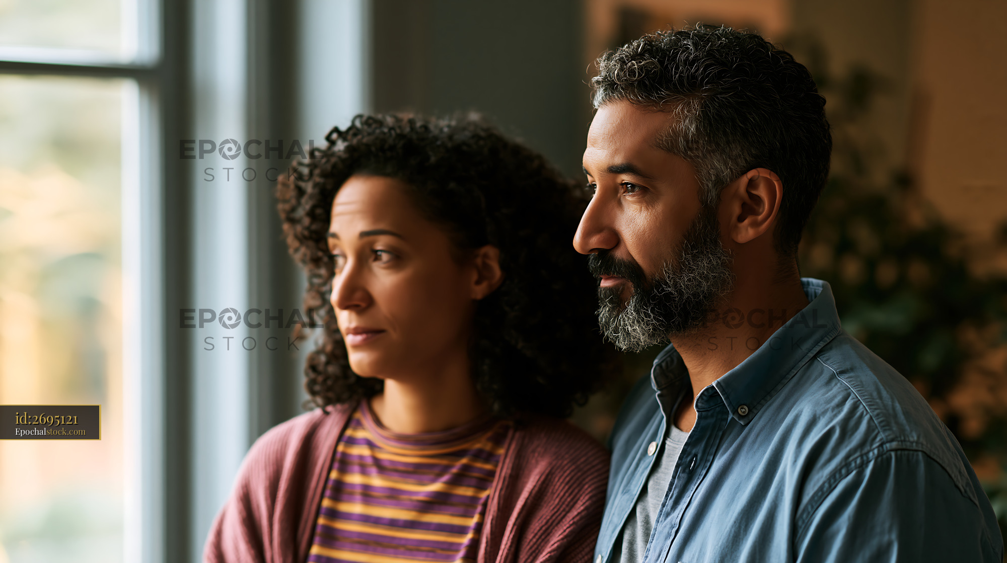 Watermarked full-resolution preview of Couple in thoughtful moment by window in cozy indoor setting