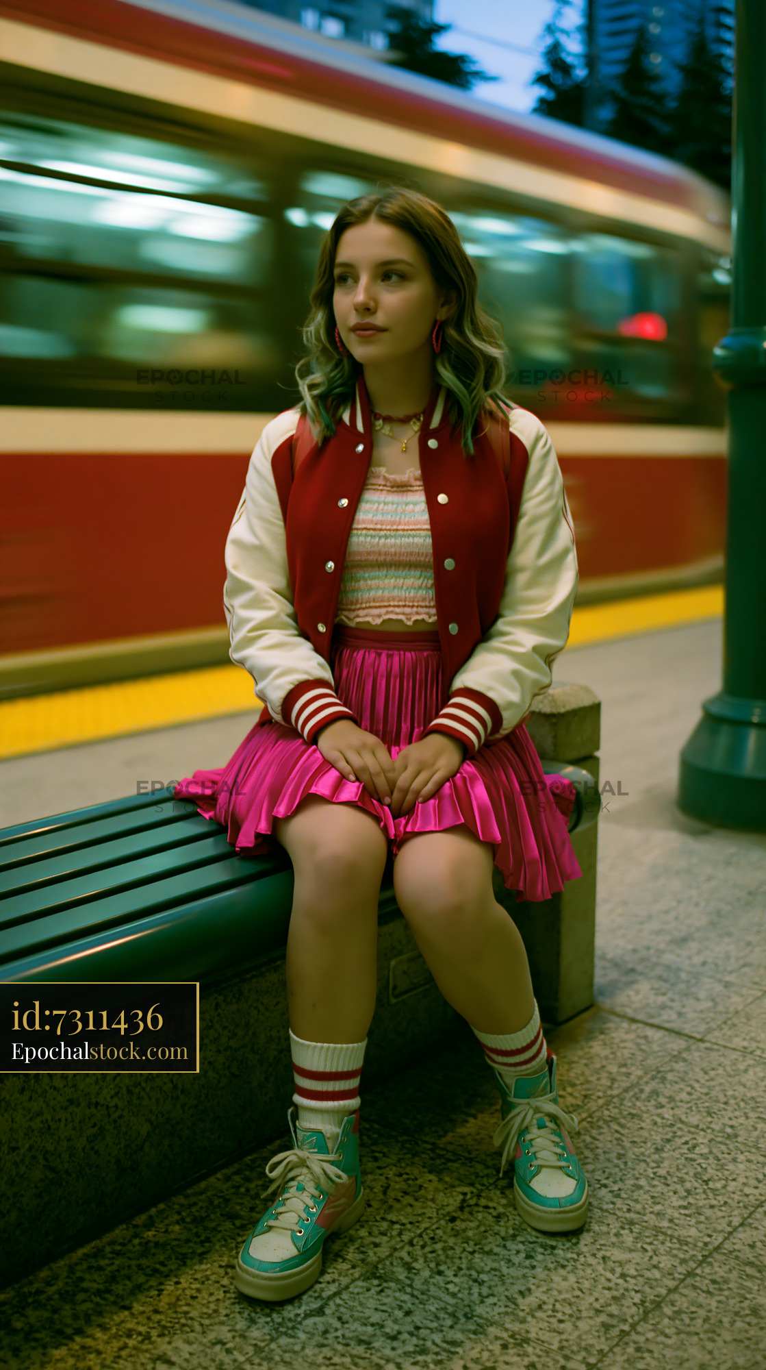 Watermarked full-resolution preview of Young girl sitting on a bench at a train station in a city