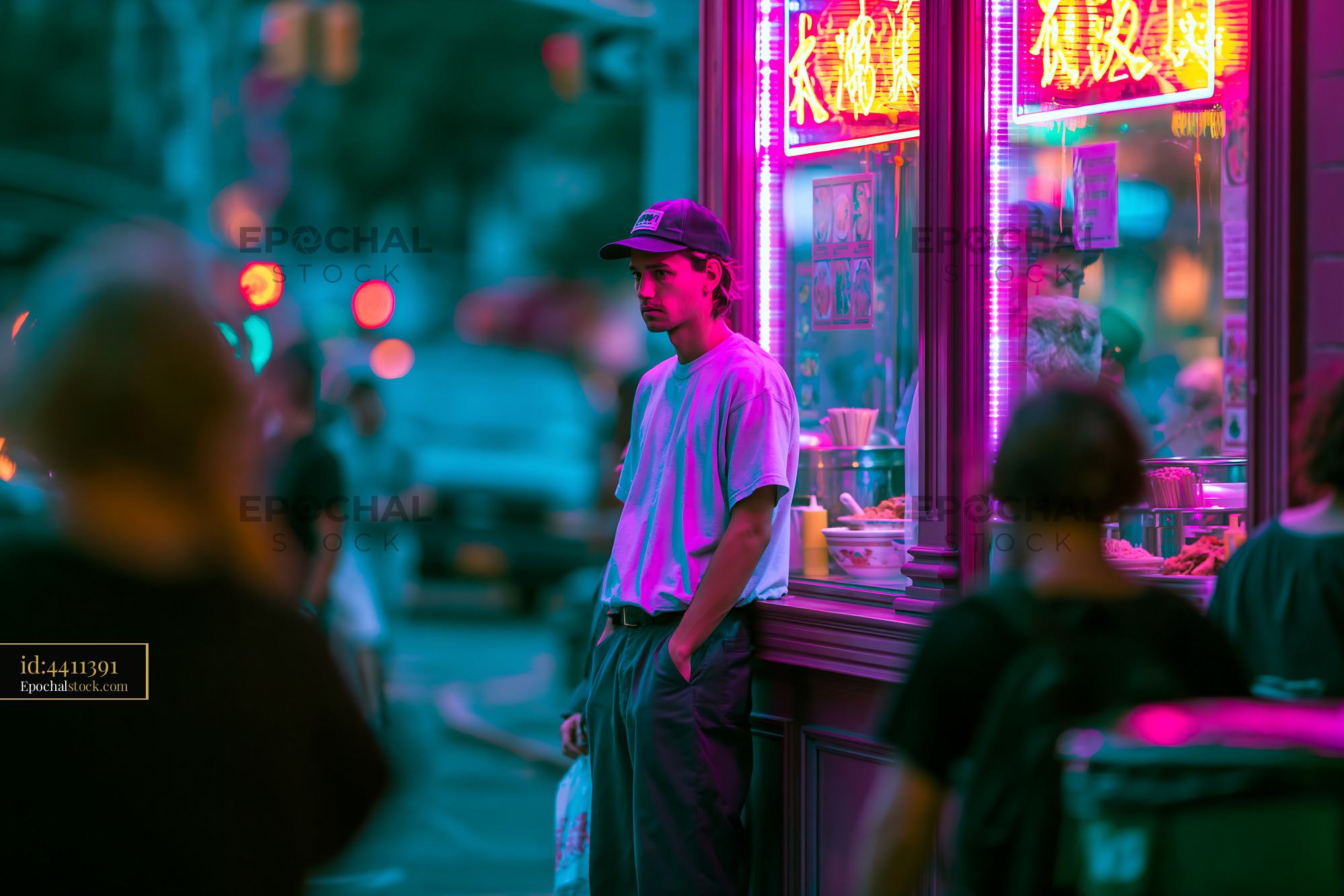 Watermarked full-resolution preview of Night scene at a colorful food stand in the city