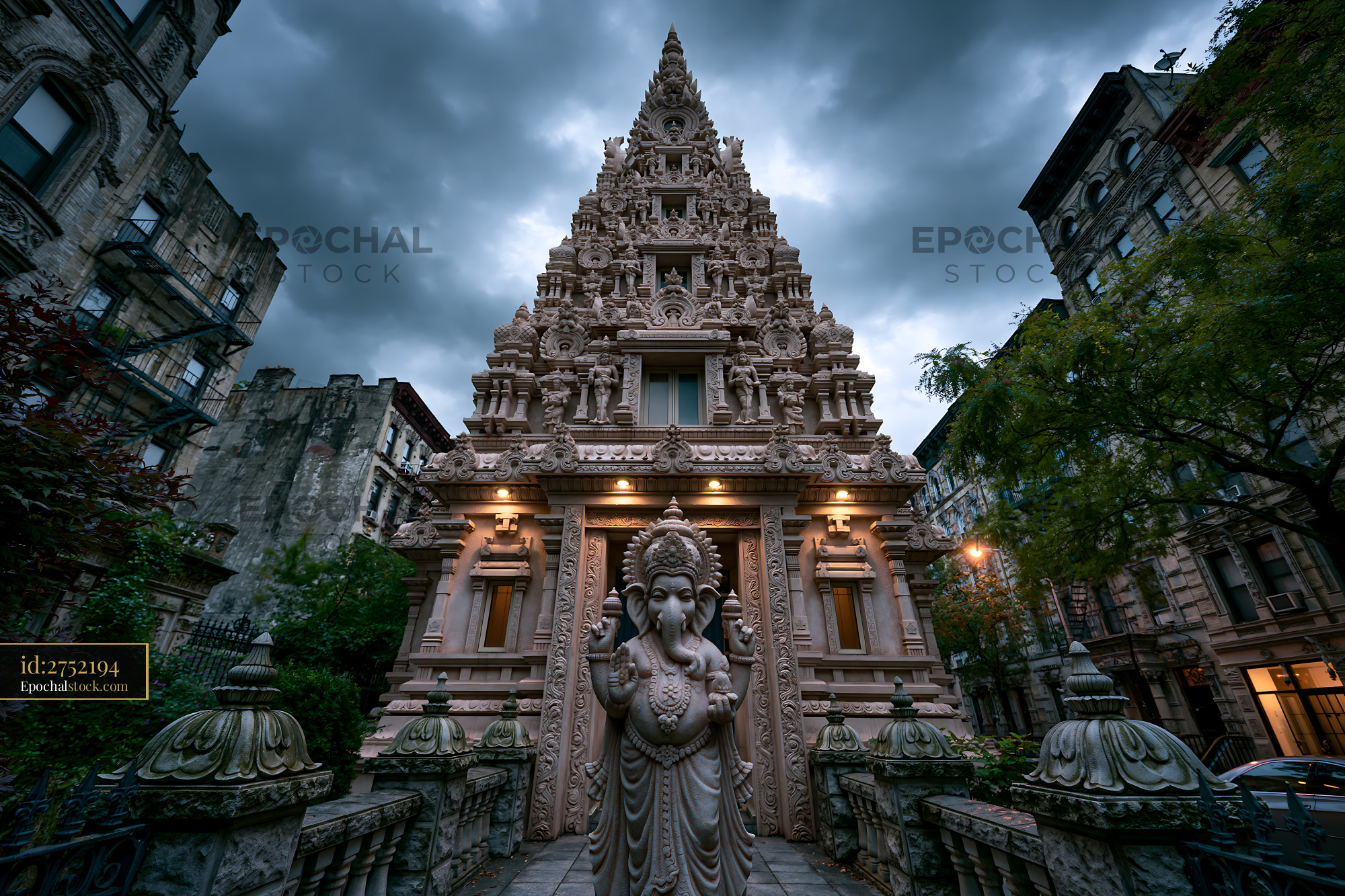 Watermarked full-resolution preview of Hindu temple with intricate stone carvings in a city setting